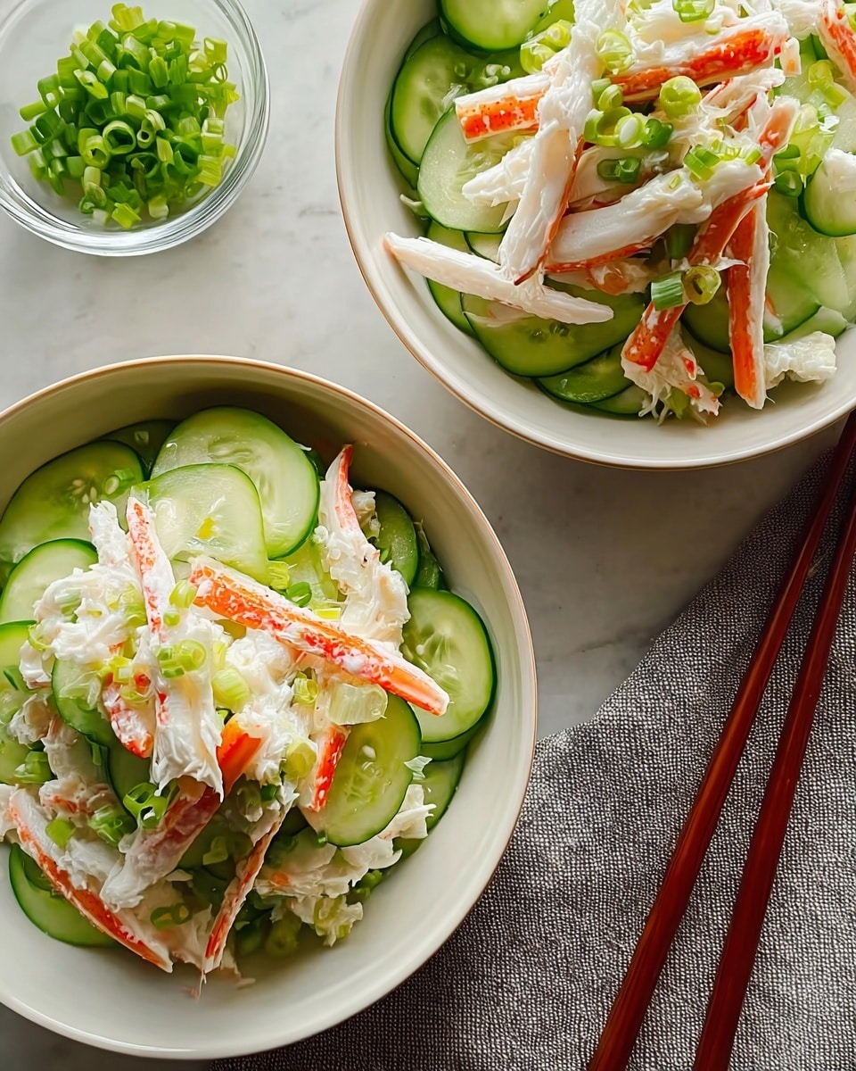 Two white bowls are filled with a fresh salad placed on a white marbled surface. Each bowl contains a base layer of thin, round cucumber slices with a bright green edge and a translucent, watery texture. On top are long, narrow strips of white and orange crab sticks mixed with finely chopped light green spring onions. The salad is light and crisp, with colors of white, orange, and various shades of green. On the right, a pair of brown chopsticks lies next to a gray cloth. In the upper left corner, a small clear bowl holds more chopped green onions. Photo taken with an iphone --ar 4:5 --v 7