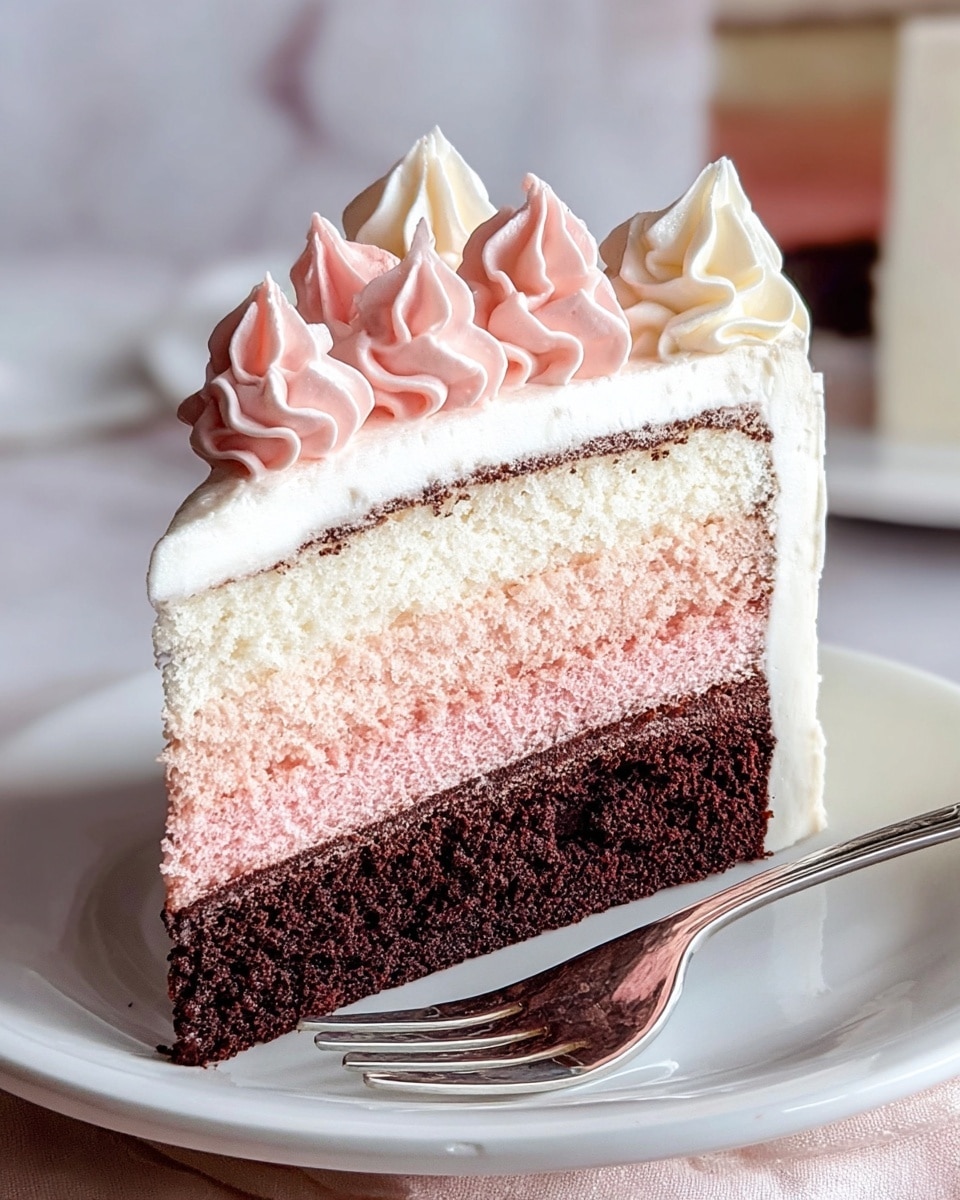 A slice of layered cake sits on a white plate with a silver fork to the right. The cake has five visible layers: the bottom layer is dark brown and moist, followed by a thick white layer, a light pink sponge layer, a thick pale pink cream layer, and a dark brown top sponge layer. The cake is covered with a smooth white frosting around the edges. On top, there are six swirled dollops of frosting, alternating between light pink and white, arranged neatly along the top edge. The background is a soft, blurred white marbled texture giving a clean, fresh look. photo taken with an iphone --ar 4:5 --v 7