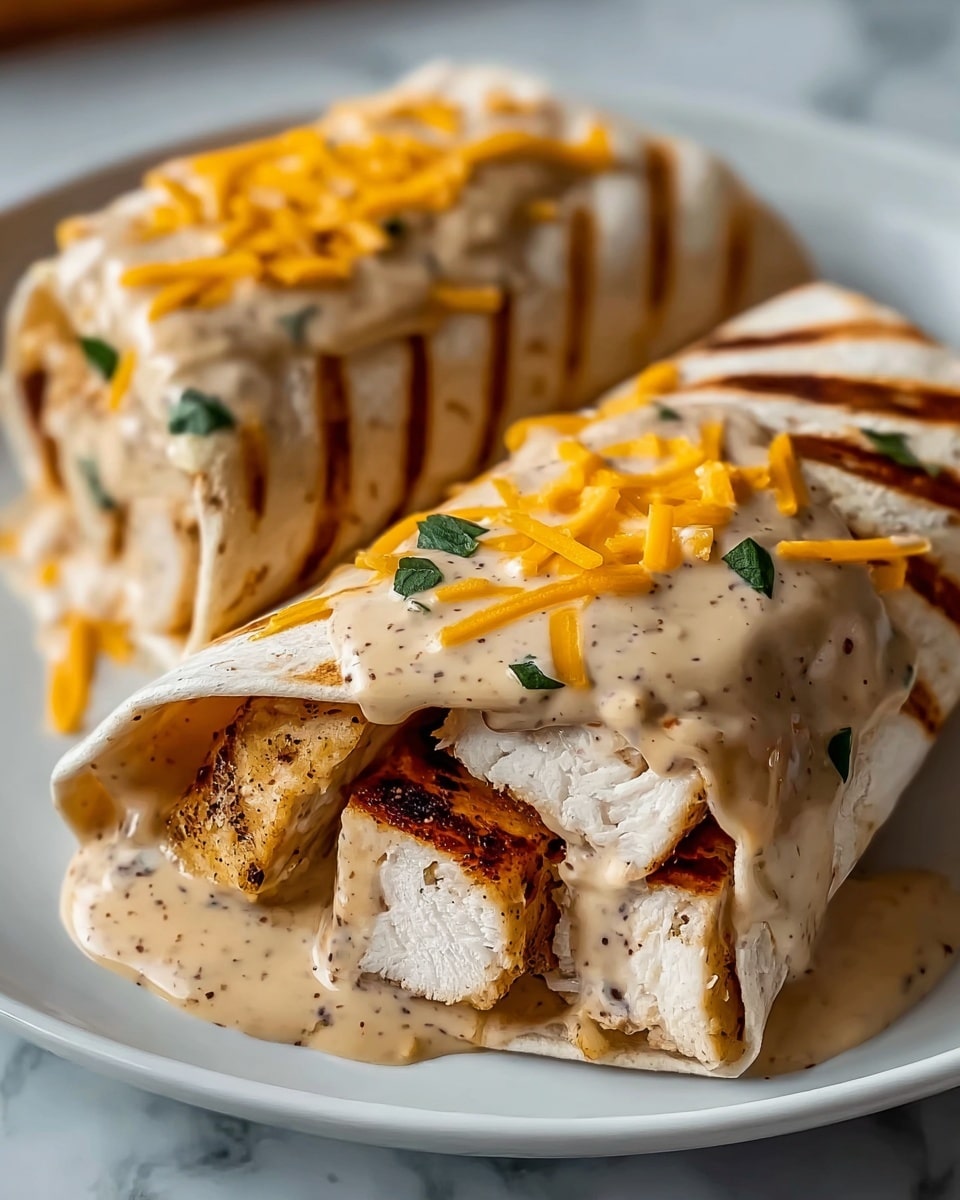 Two grilled chicken wraps are placed on a white plate over a white marbled surface. Each wrap has three visible layers: the bottom layer is a soft, lightly toasted tortilla with brown grill marks; inside, thick pieces of white grilled chicken with browned edges form the middle layer; the top layer is a creamy, light beige sauce with black pepper specks, generously poured over the chicken, with shredded orange cheddar cheese sprinkled on top and some melted into the sauce. Small green herb leaves are scattered over the wraps. photo taken with an iphone --ar 4:5 --v 7