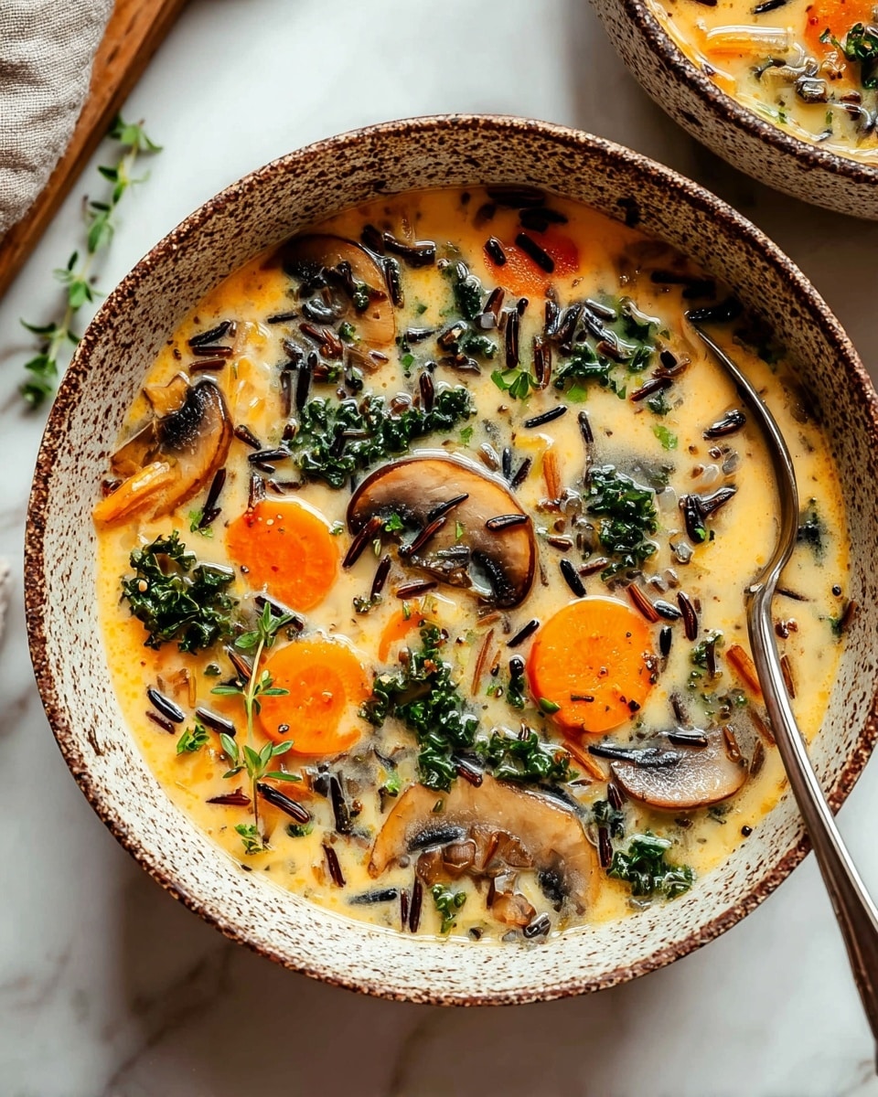 A creamy soup fills a large round bowl with a rough brown speckled rim, placed on a white marbled surface. The soup has a light orange base with floating slices of orange carrots, dark brown mushroom slices, and dark green leafy kale. Wild rice grains in black and brown colors are scattered throughout, adding texture alongside small herbs sprinkled on top. A worn, silver spoon rests inside the bowl near the edge, partially submerged in the soup. Part of a second similar bowl is visible in the upper right corner on a light wooden surface. photo taken with an iphone --ar 4:5 --v 7