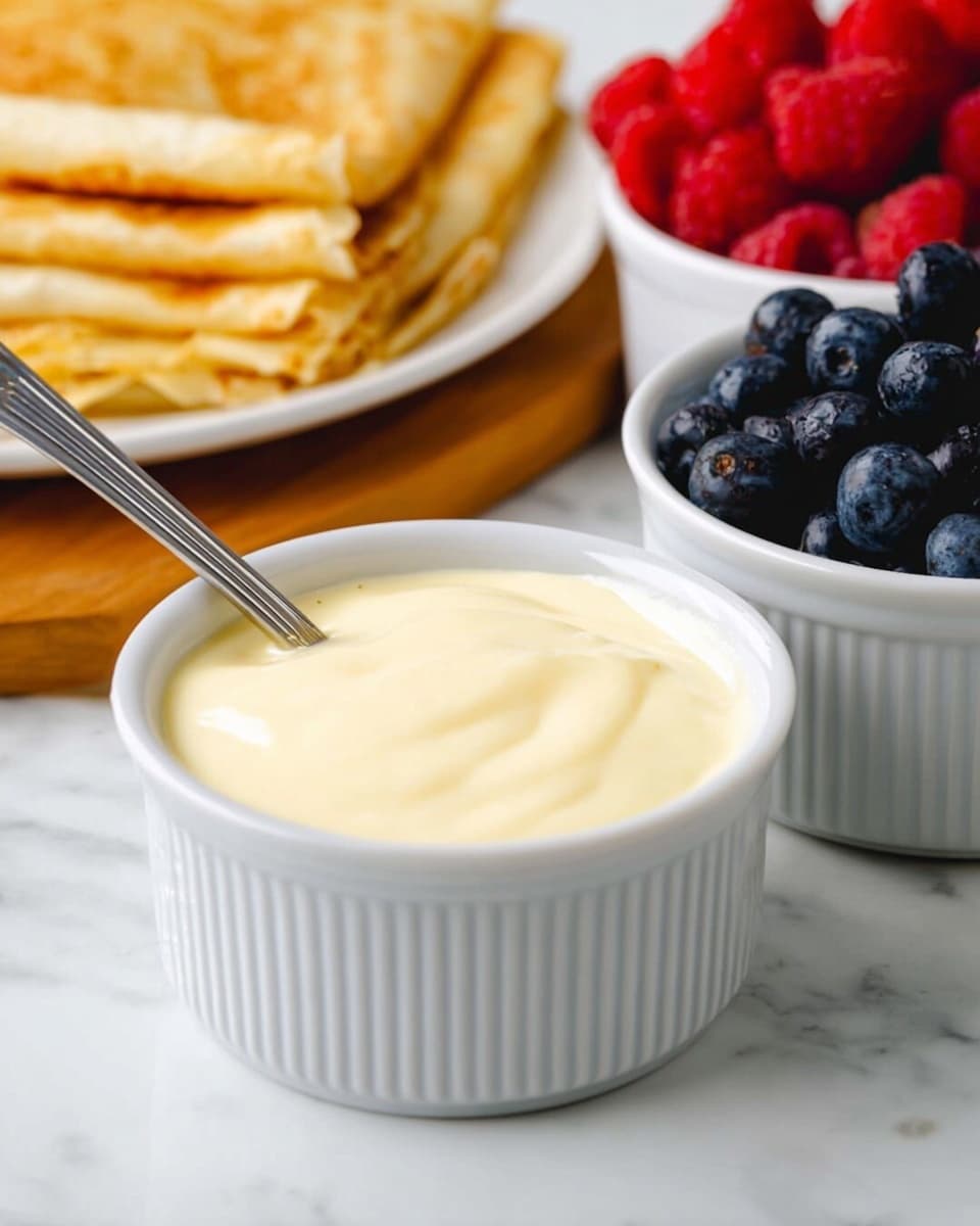 A close-up image shows a white ribbed bowl filled with smooth, creamy pale yellow custard, a silver spoon resting inside it. Behind it, there is another white ribbed bowl filled with bright red raspberries and another with dark blue blueberries. To the left, there is a white plate holding folded golden brown crepes with a soft texture. All items are placed on a white marbled surface. photo taken with an iphone --ar 4:5 --v 7
