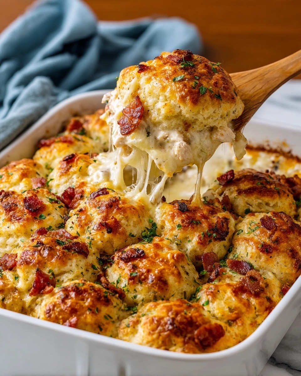 A white baking dish filled with golden-brown, round biscuit tops that are slightly crispy and uneven in texture, sprinkled with small bits of cooked bacon and green herbs. One biscuit is being lifted by a wooden spatula, showing a gooey, melted cheese layer underneath that stretches and drips, mixed with white creamy chunks of chicken beneath the biscuit layer. The dish rests on a white marbled surface with part of a blue cloth visible in the background. photo taken with an iphone --ar 4:5 --v 7