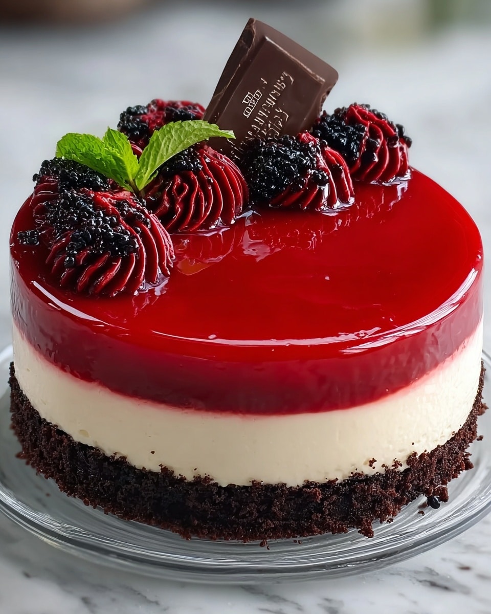 A round layered cake sits on a white plate with a scalloped edge, placed on a white marbled surface. The cake has three layers: a dark chocolate base layer with a rough texture, a bright red middle layer with a slightly crumbly texture, and a thick smooth creamy white top layer. The top is covered with a shiny dark red glaze that drips down the side slightly. On top, there are whole fresh red raspberries, black shiny berries, dollops of black and white cream, and two large triangular pieces of dark chocolate decorated with dark chocolate swirls. A slice is removed from the cake, showing the clean, clear layers inside. Photo taken with an iphone --ar 4:5 --v 7