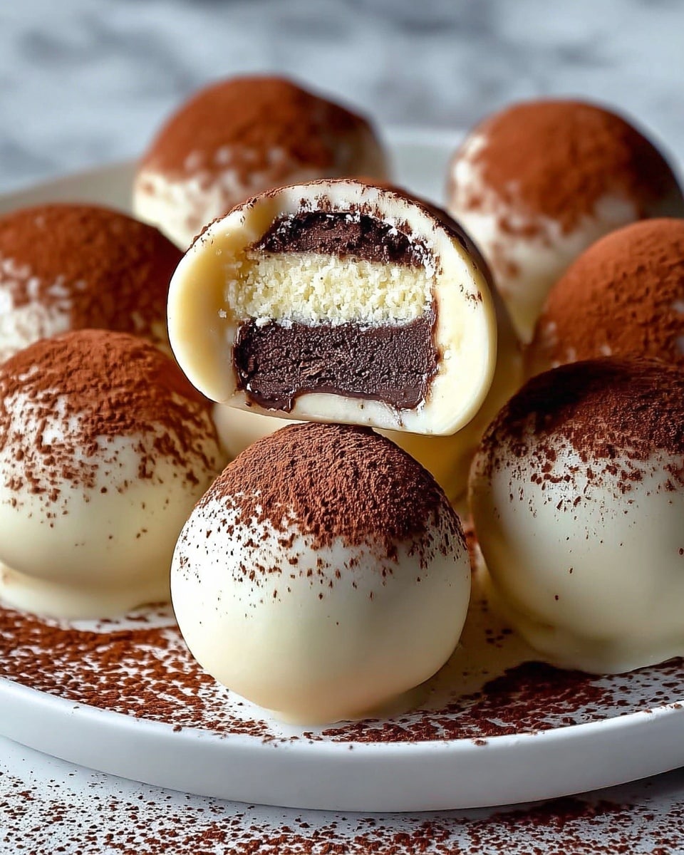 The image shows several round white chocolate balls on a white plate with a white marbled texture surface underneath. Each ball has a smooth, creamy white outer layer dusted with a thick layer of dark brown cocoa powder on the top, fading down the sides. One ball is cut in half and placed on top of another ball, revealing three layers inside: a soft white outer layer with a crumbly texture, a thin middle layer of dark chocolate, and a fudgy dark brown core in the center. Cocoa powder is scattered on the plate and part of the white marbled background. Photo taken with an iphone --ar 4:5 --v 7