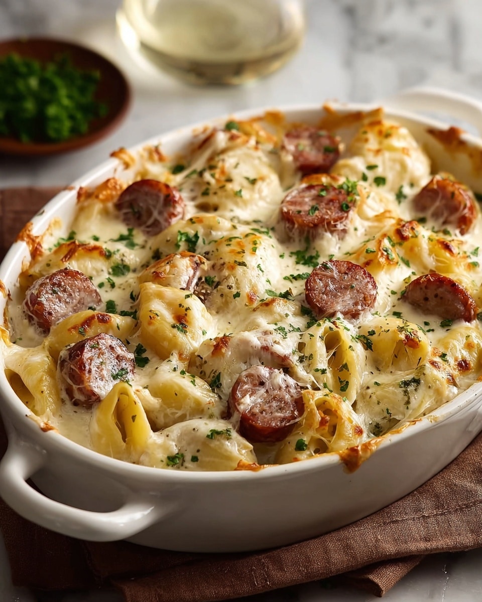 A white oval ceramic dish filled with a creamy baked pasta featuring layers of light golden browned melted cheese, tender pasta shells coated in white sauce, and round slices of browned sausage scattered evenly on top. Small pieces of chopped green herbs are sprinkled across the surface, adding a fresh contrast of color. The dish sits on a folded brown cloth on a white marbled surface, with a blurred background that includes a small bowl of green parsley and a glass of white wine. photo taken with an iphone --ar 4:5 --v 7