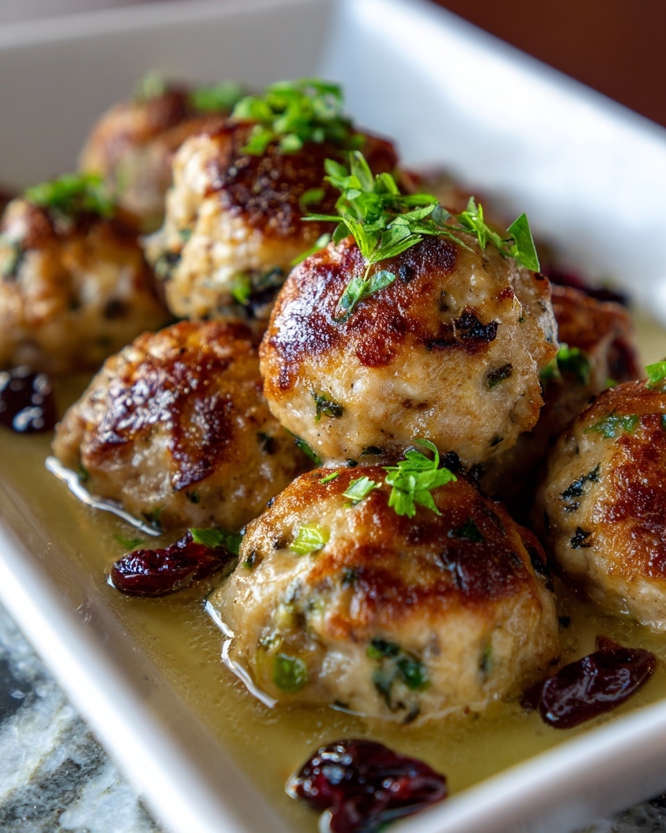 The image shows a white rectangular dish filled with multiple browned dumpling balls, each textured with bits of green herbs and small diced lighter ingredients like celery, giving them a speckled look. The dumplings have a golden, crisp top with some small bright green herb leaves as garnish. Around and slightly under the dumplings, there is a light clear broth pooling, and scattered glossy dark red dried cranberries add a pop of color throughout. The dish sits on a white marbled textured surface, and the focus is close up on the dumplings making the background blurry. Photo taken with an iphone --ar 4:5 --v 7