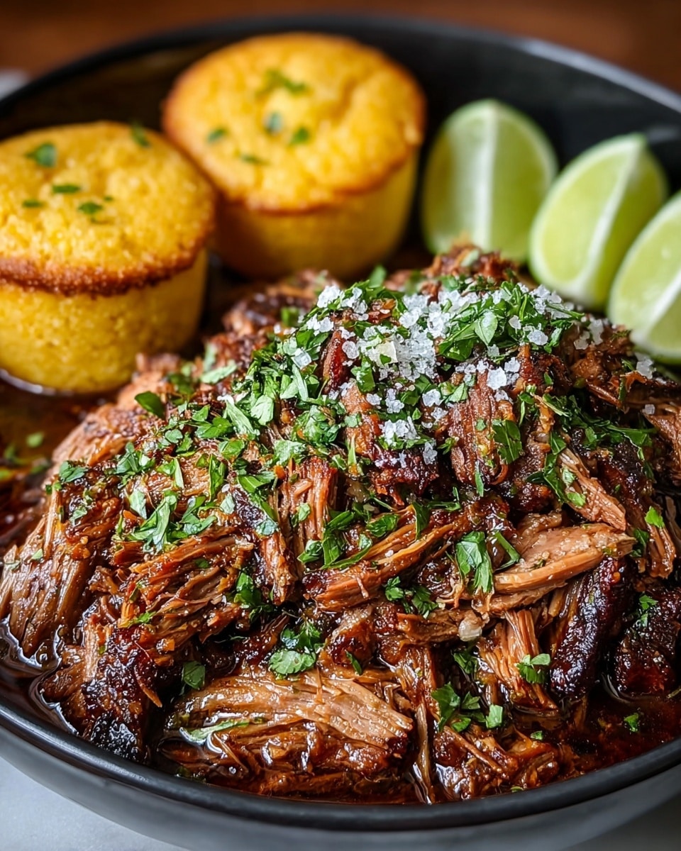 A close-up of a black bowl filled with shredded, dark brown, glistening meat covered in fresh green chopped herbs and coarse salt flakes. Behind the meat, there are two small, round, golden yellow cornbread muffins with browned tops. To the side, three lime wedges with bright green skins and pale green insides rest on the edge of the bowl. The whole setup is on a white marbled surface. photo taken with an iphone --ar 4:5 --v 7