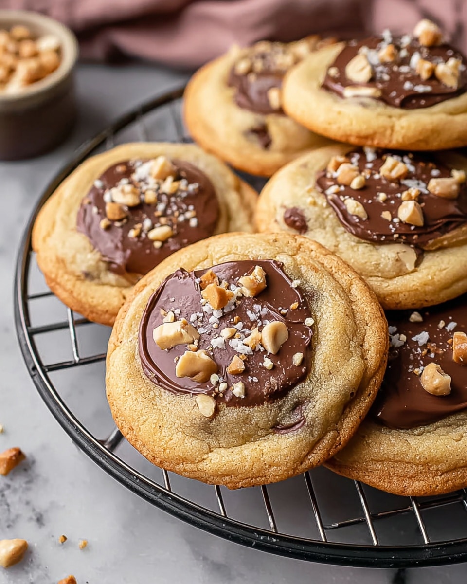 A group of thick, golden-brown chocolate chip cookies sits on a round black cooling rack. Each cookie has a smooth layer of shiny dark chocolate spread on top, sprinkled with small white nut pieces and crushed nuts. The cookies have a soft and slightly crispy texture with visible chocolate chips inside. The scene is set on a white marbled surface with soft natural lighting that highlights the rich colors and textures of the cookies. photo taken with an iphone --ar 4:5 --v 7