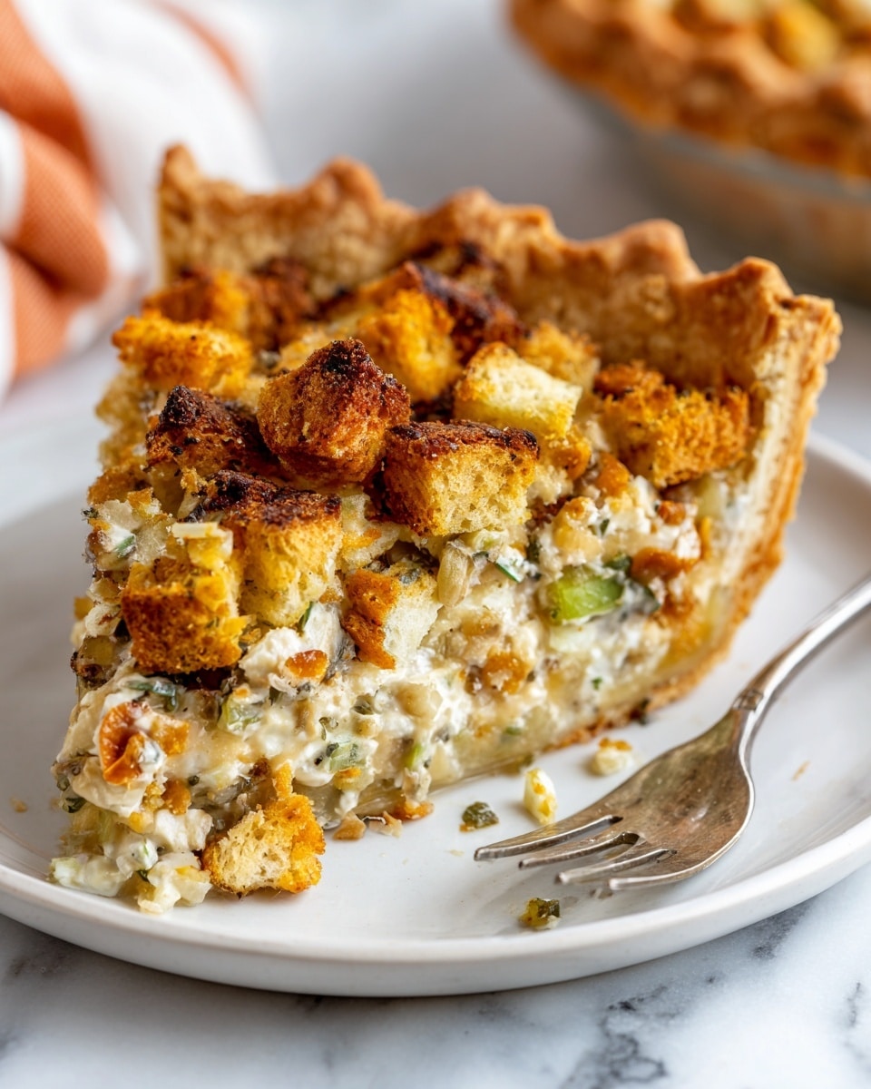 A single slice of savory pie sits on a white round plate with a silver fork next to it. The pie slice has a thick, golden-brown crust with a crimped edge, and the top layer consists of toasted bread cubes in shades of golden yellow and light brown, some with slightly charred edges. Below the bread cubes, there is a creamy filling visible with bits of green and small pieces of vegetables mixed in. The pie looks hearty and slightly chunky on top with a rustic texture. The plate is on a white marbled surface with a glimpse of an orange and white striped cloth nearby. photo taken with an iphone --ar 4:5 --v 7