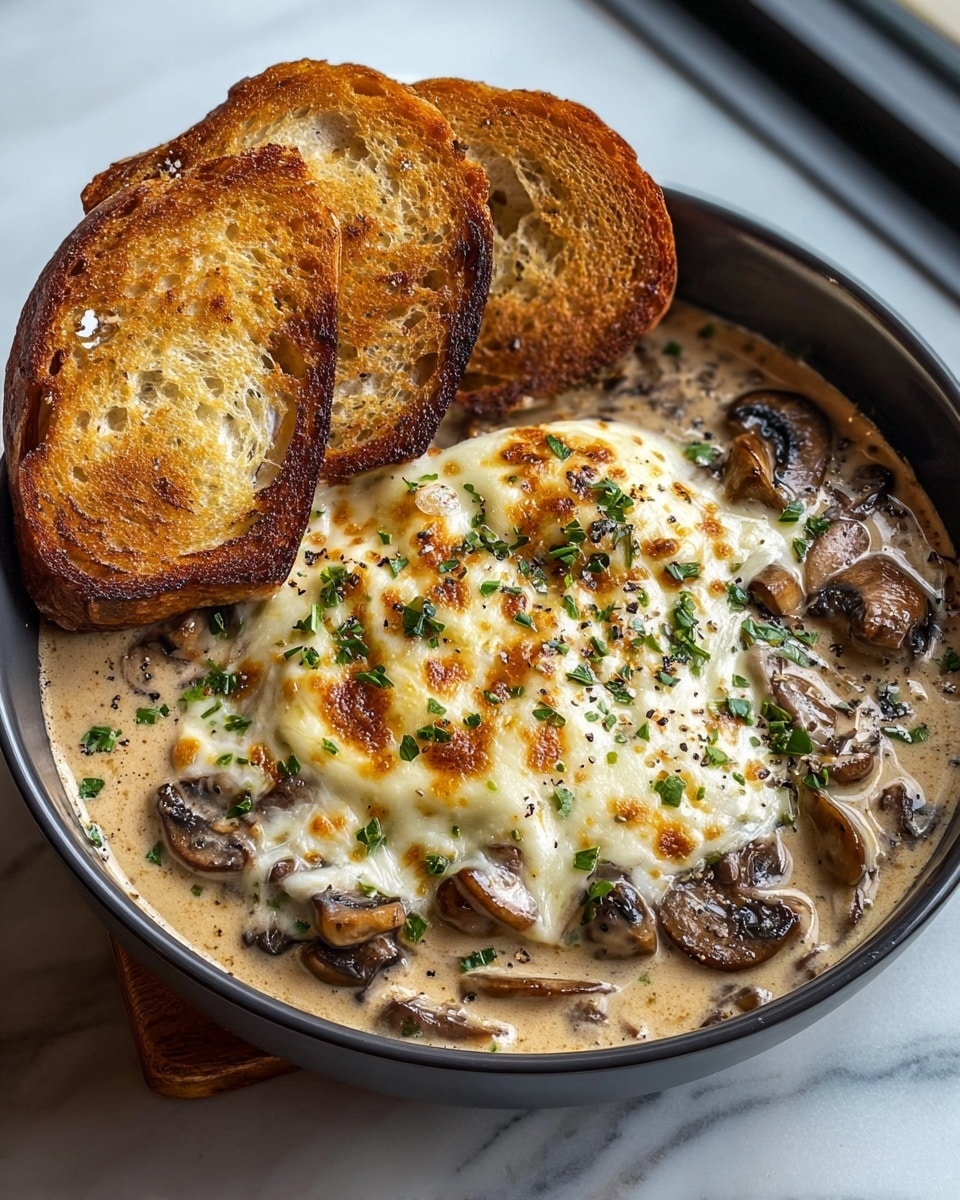 This dish is served in a dark bowl with three large pieces of toasted bread leaning on one side. The bowl is filled with a creamy mushroom sauce that has slices of cooked mushrooms scattered throughout. On top, there is a thick layer of melted cheese that is golden brown in spots, with small bits of green herbs sprinkled evenly over the cheese. The sauce looks smooth and rich, with a few visible black specks of pepper. The entire bowl sits on a white marbled surface. photo taken with an iphone --ar 4:5 --v 7