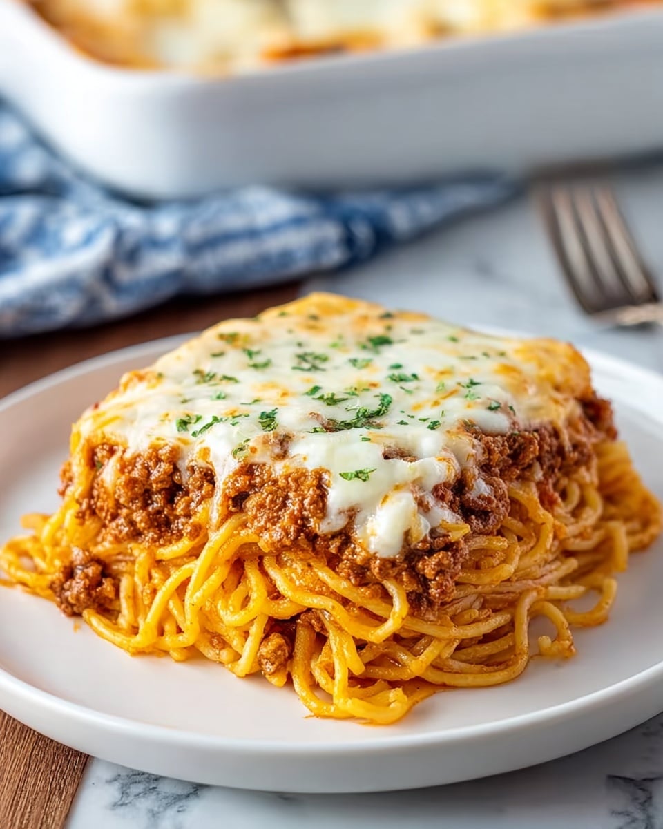 A square piece of baked spaghetti is served on a white plate, showing three clear layers: the bottom layer is golden-yellow cooked spaghetti, the middle layer is a rich, chunky meat sauce with a deep brown color, and the top layer is melted white cheese sprinkled with small bits of green herbs. The spaghetti is slightly twisted, and the cheese has a smooth, creamy texture with some browned spots. The white marbled background and a blurred white baking dish are visible in the background, along with a fork and a blue and white cloth. Photo taken with an iphone --ar 4:5 --v 7