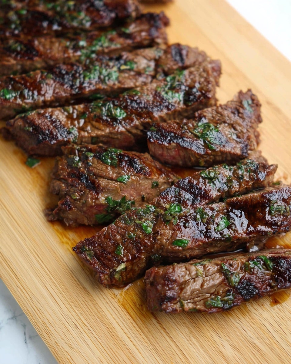 The image shows slices of grilled steak placed side by side on a light brown wooden cutting board. Each slice is thick and juicy, with a dark brown, slightly charred outer layer and visible green herbs spread unevenly on the surface. The texture is shiny and moist from juices and slight oil, highlighting the meat's rich, cooked appearance. The background visible at the edge is a white marbled texture. photo taken with an iphone --ar 4:5 --v 7