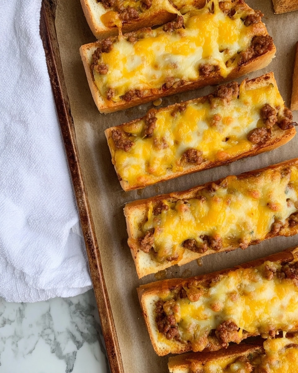 The image shows six rectangular pieces of bread topped with melted cheese and a layer of cooked ground meat. Each piece has two layers: the bottom layer is a light brown toasted bread with a soft texture, and the top layer is a mix of golden yellow and white melted cheese covering ground meat that is brown and crumbly. The pieces are neatly lined up on a parchment paper that sits on a baking tray, with a white cloth visible on the left side. The background is a white marbled surface. Photo taken with an iphone --ar 4:5 --v 7