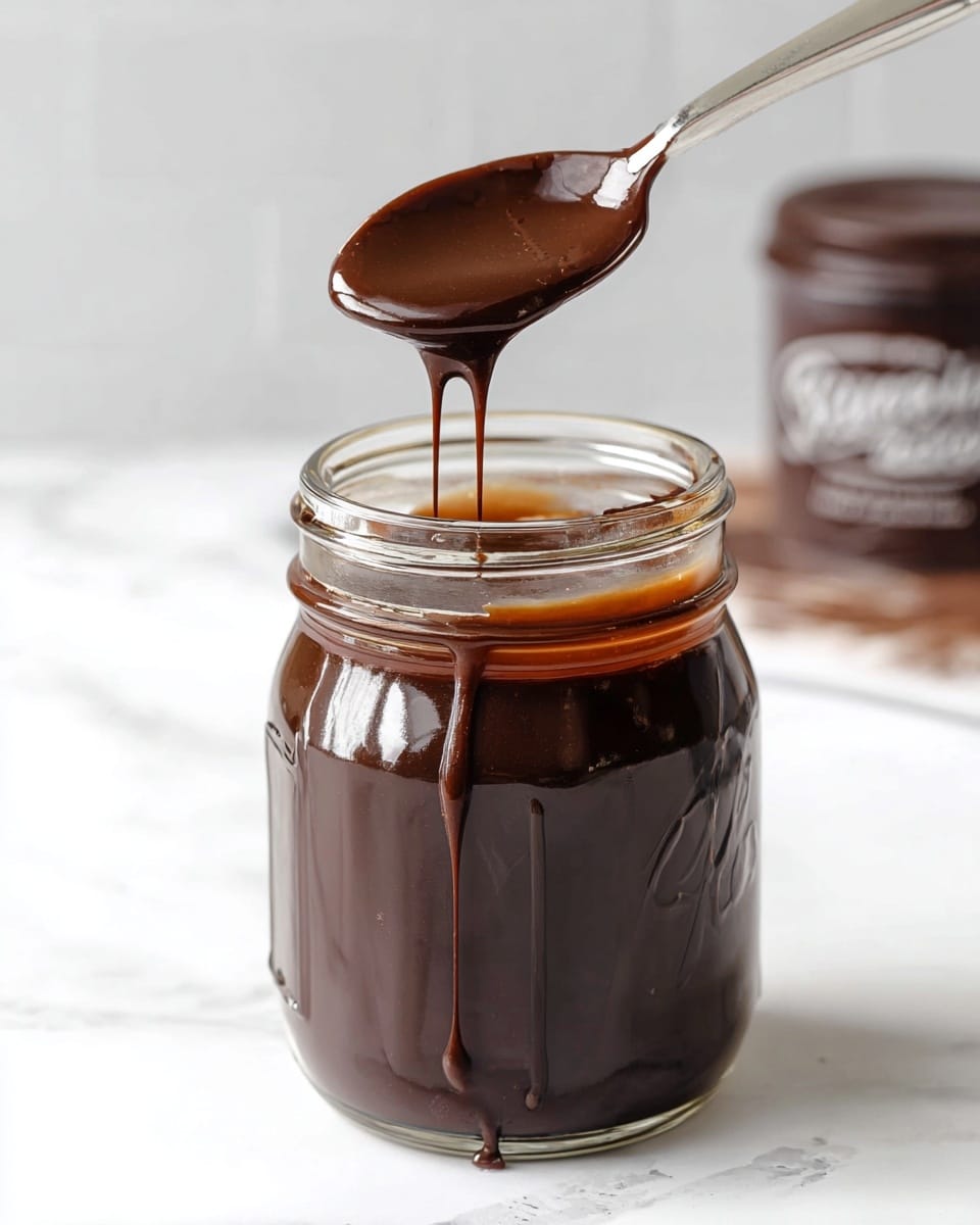A clear glass jar is filled almost to the top with dark, shiny, smooth chocolate sauce that has a rich texture. A metal spoon coated with the thick chocolate sauce is lifted above the jar, with some sauce dripping slowly back into the jar, creating a glossy look. The background is a white marbled surface with a blurred container of Hershey's cocoa powder partially visible behind the jar and a soft, light cloth in the distance. photo taken with an iphone --ar 4:5 --v 7