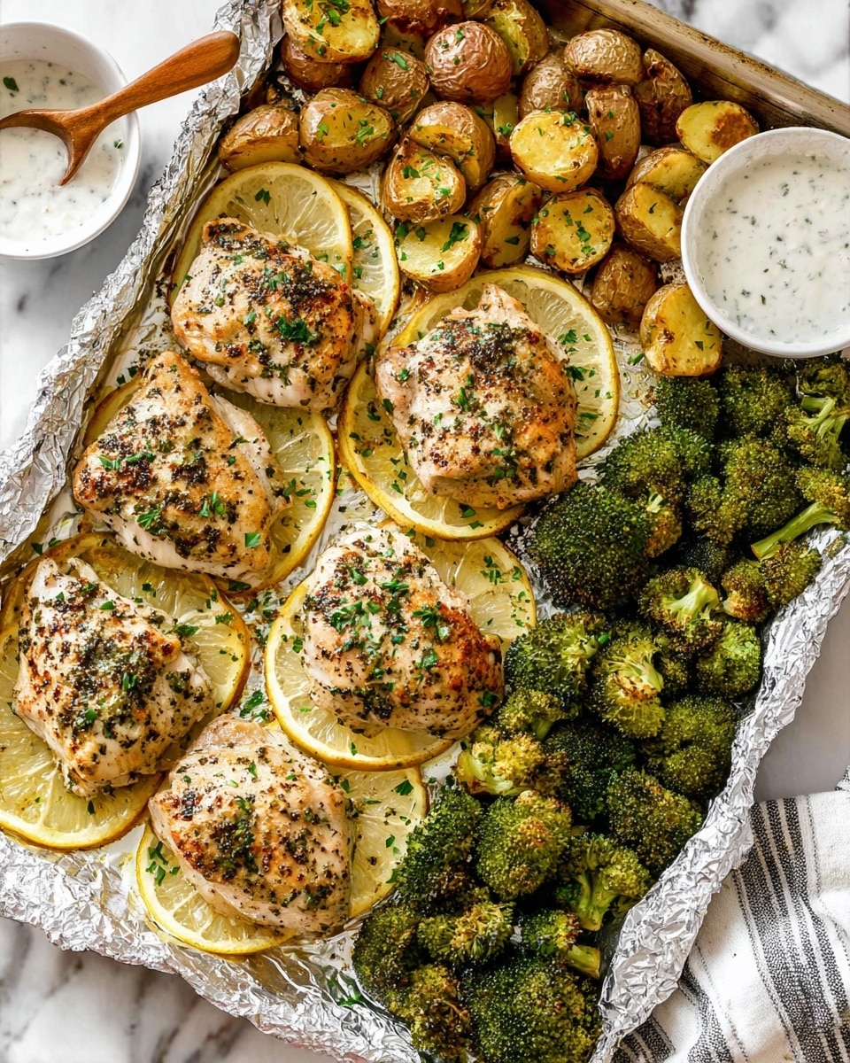 This image shows a large white baking sheet covered with foil holding seven pieces of grilled chicken, each seasoned with herbs and black pepper, arranged on top of round lemon slices. The chicken pieces are light golden brown with a slightly charred texture, and chopped green herbs are sprinkled over them. To the right side of the sheet, there is a thick layer of bright green roasted broccoli florets, slightly crispy on the edges, with a section of halved golden brown roasted baby potatoes above it. Near the top left corner, there is a small white bowl filled with creamy white herb sauce and a brown wooden spoon inside. The baking sheet is placed on a white marbled surface with part of a white and gray striped cloth visible at the bottom right corner. photo taken with an iphone --ar 4:5 --v 7