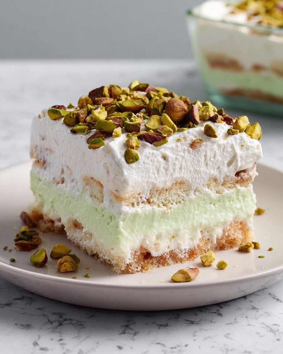 The image shows a square piece of a layered dessert on a white plate, placed on a white marbled surface. The dessert has four clear layers: the bottom layer is a light brown crust with a crumbly texture, above it is a thick off-white creamy layer, followed by a thinner light green creamy layer, and topped with a thick white whipped cream layer. The top layer is sprinkled generously with roughly chopped green and brown pistachio nuts, adding texture and color contrast. Photo taken with an iphone --ar 4:5 --v 7