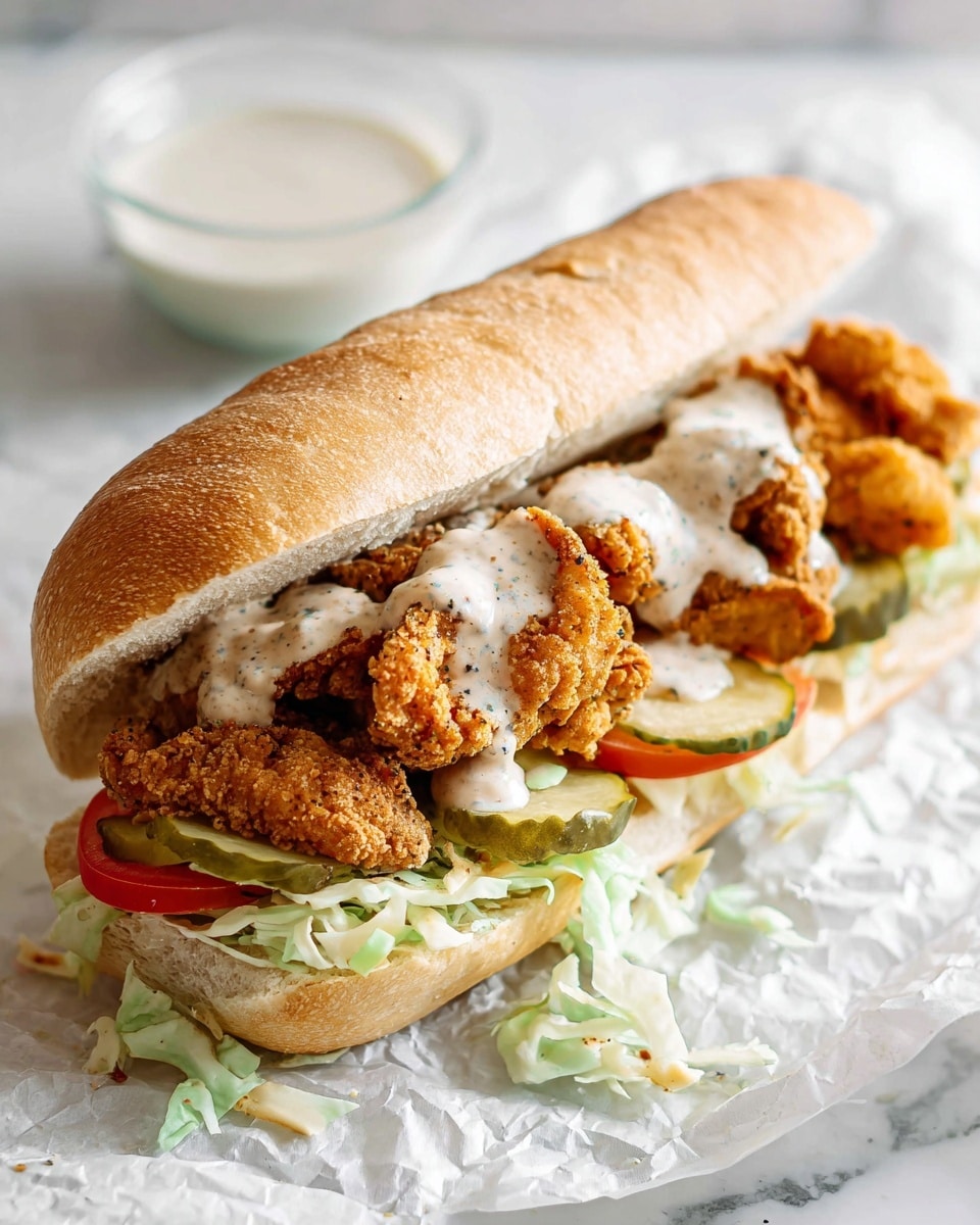 A sandwich made with a long white sub roll, cut open to hold three main layers: at the bottom is a layer of shredded green lettuce; above that, thin slices of pickles and red tomato peek out; the top layer shows several pieces of golden-brown fried chicken with a crispy texture, topped with a light drizzle of creamy white sauce with specks of seasoning. The sandwich rests on crumpled white paper over a white marbled surface, with a small glass bowl of white sauce partially visible in the background. photo taken with an iphone --ar 4:5 --v 7