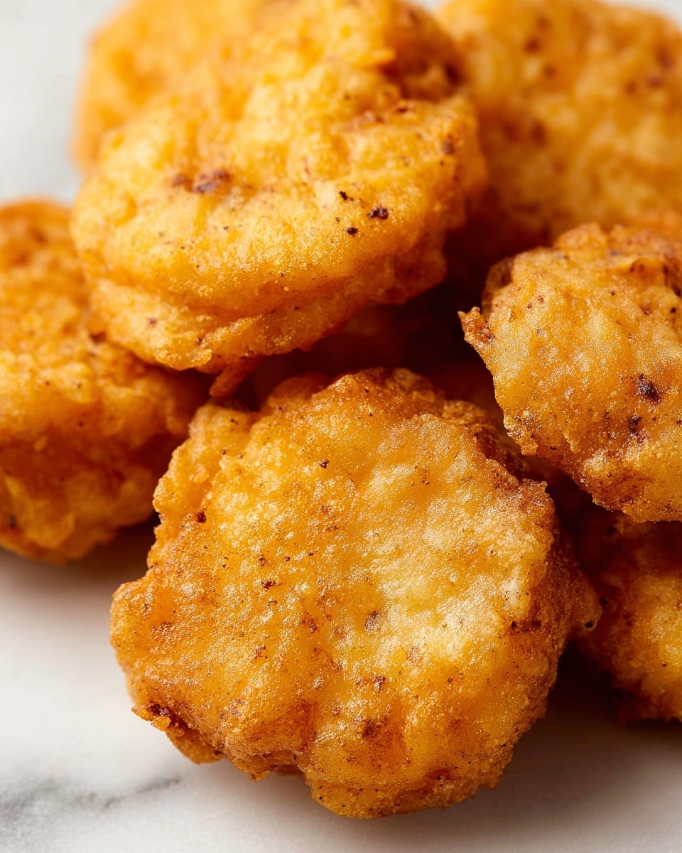A close-up view of several golden-brown fried chicken nuggets with a rough, crispy texture and small dark spots on their surface, resting on a white marbled background. The nuggets have a layered batter that looks crunchy and uneven, showing a mix of light and darker golden colors, emphasizing their fried quality. Photo taken with an iphone --ar 4:5 --v 7