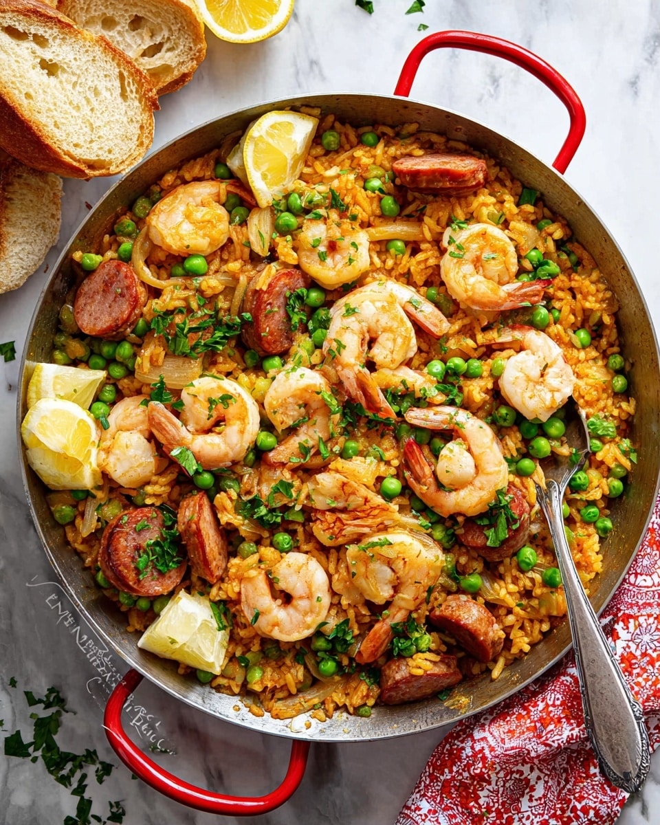 A metal pan filled with a vibrant dish showing one main layer of golden-orange cooked rice mixed with bright green peas and light brown onion slices. Placed on top and throughout are plump, light pink shrimp, some curled and some straight, alongside slices of browned sausage. Garnishing the dish are fresh green parsley leaves and two lemon wedges on the side. A silver spoon rests inside the pan, partly covered by the food. The pan has red handles and sits on a white marbled surface with some bread and a red and white cloth nearby. photo taken with an iphone --ar 4:5 --v 7