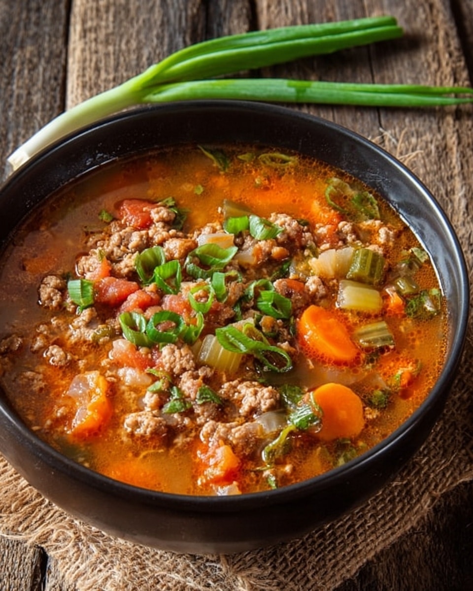 The image shows a black bowl filled with a hearty soup placed on a rustic wooden surface with a piece of burlap cloth underneath. The soup has a rich orange-brown broth and contains visible layers of cooked ground meat, vibrant orange carrot slices, green celery pieces, and chopped fresh green onions sprinkled on top. There are also small bits of tomato that add red color to the mix. To the side of the bowl, two green onions lay on the wooden surface. The photo is taken with an iphone --ar 4:5 --v 7