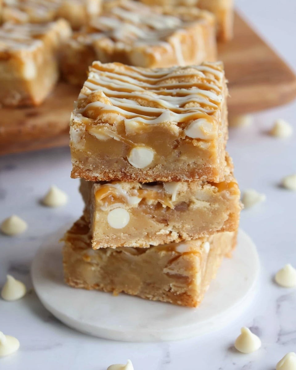 The image shows three stacked squares of light brown dessert bars with visible white chocolate chips inside. Each square has caramel drizzle on top in a thin, wavy pattern. The bars look soft and slightly crumbly with some texture from the mix-ins. They are placed on a white plate, which is on a white marbled surface, with a few white chocolate chips scattered nearby. Photo taken with an iphone --ar 4:5 --v 7