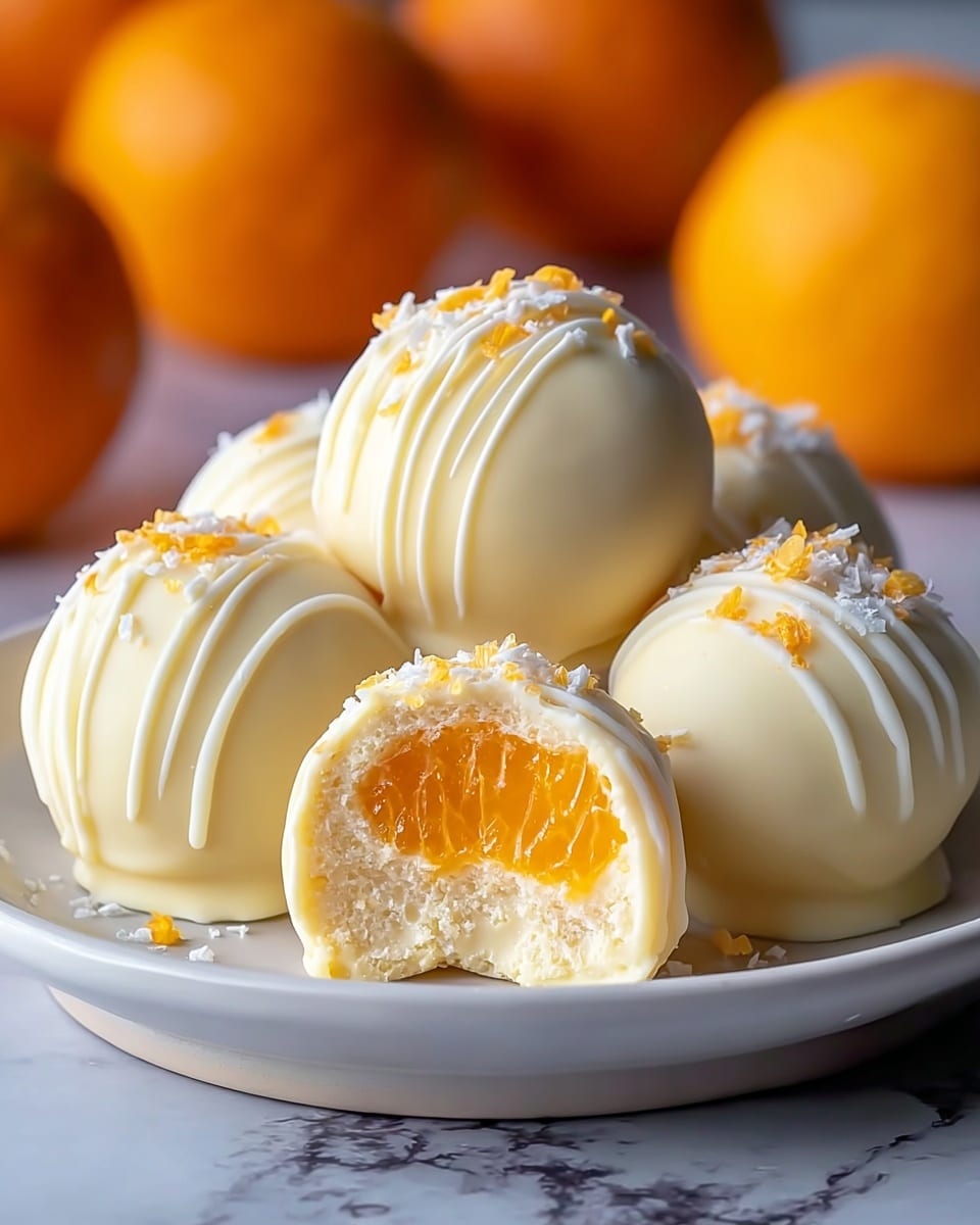 The image shows several round white chocolate truffles arranged on a white plate set on a white marbled surface. Each truffle has a smooth, glossy white chocolate outer layer with subtle vertical swirl textures. The top is decorated with small white and bright orange crumb-like sprinkles. One truffle is cut open, revealing a thick, soft off-white inner layer and a bright orange center filling. In the blurred background, there are round orange fruits adding a warm contrast to the scene. photo taken with an iphone --ar 4:5 --v 7