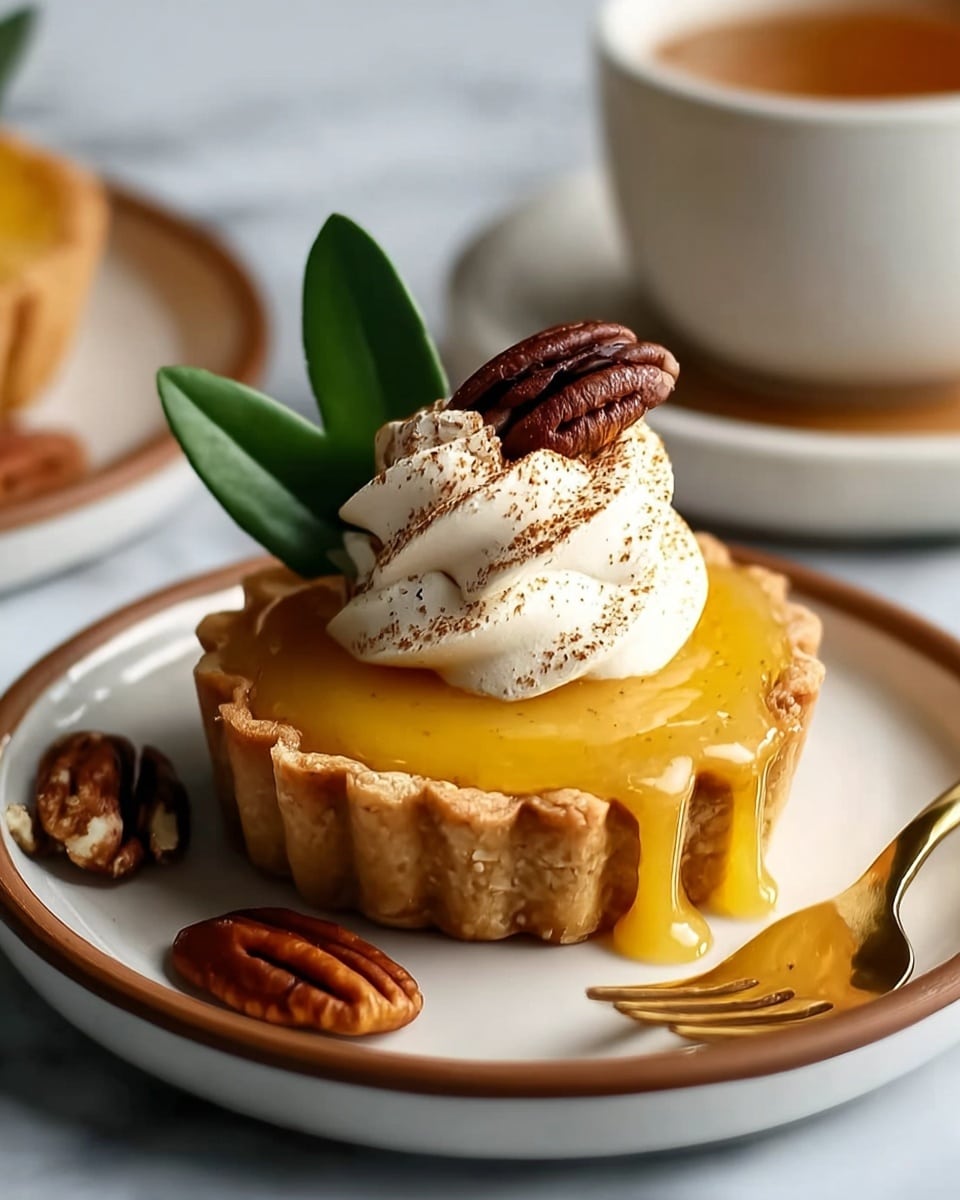 A small tart with a golden brown crust forms the base, filled with smooth, bright orange pumpkin filling that slightly overflows on one side. On top, a swirl of white whipped cream stands tall dusted lightly with cinnamon, next to a whole pecan placed upright. Behind them, a green leaf adds a fresh touch. The tart sits on a white plate with a thin brown rim, on a white marbled surface. Nearby, some pecans and small nut pieces are scattered, with a gold fork placed on the right side of the plate. In the background, a blurred white cup and plate are visible. photo taken with an iphone --ar 4:5 --v 7