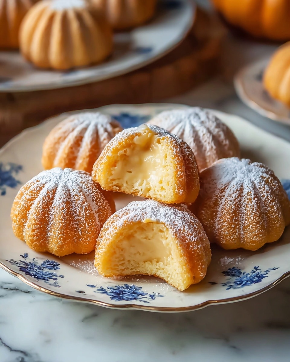 A white plate with black floral patterns holds six small round pastries shaped like pumpkins, each dusted evenly with powdered sugar, showing fine texture. One pastry is cut in half and placed on top, revealing a creamy, pale yellow filling inside a golden brown, soft outer shell with ridges. The plate sits on a white marbled surface with a blue and white cloth nearby. In the background, there are a few more pastries out of focus. photo taken with an iphone --ar 4:5 --v 7