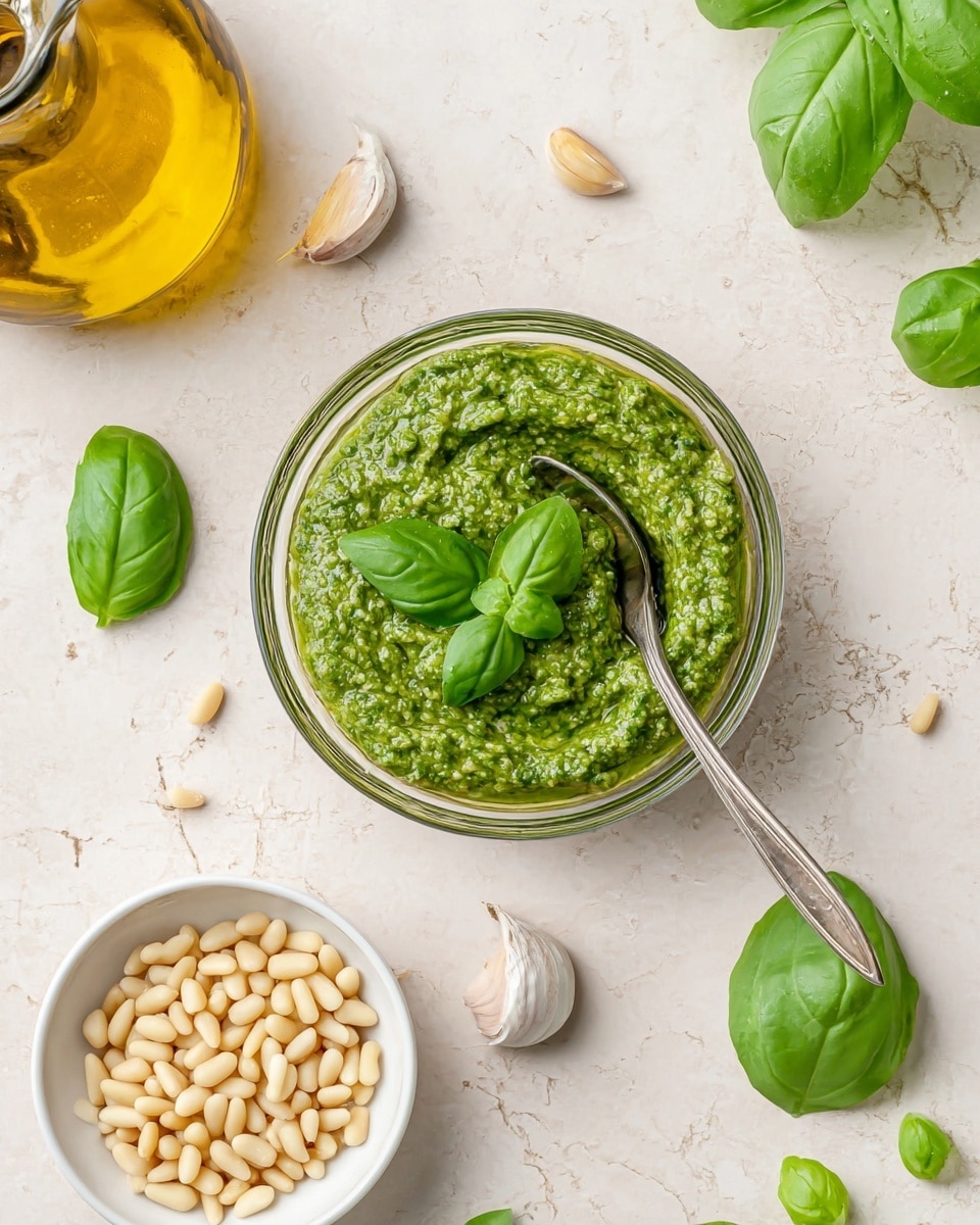A clear glass bowl filled with bright green pesto sauce, showing a smooth but slightly chunky texture, topped with two fresh basil leaves placed near the center. A silver spoon rests on the right side inside the bowl, partially dipped in the pesto, reflecting some light. Below the bowl, a small white bowl is filled with raw pale pine nuts, some scattered lightly nearby. Around the main bowl, there are scattered fresh whole basil leaves and garlic cloves with some skin partially peeled. The dishes are set on a white marbled surface, and in the top left corner, part of a glass container with golden olive oil is visible. photo taken with an iphone --ar 4:5 --v 7