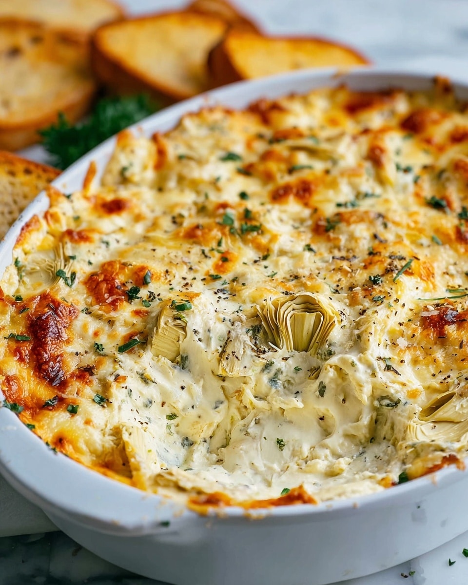 A white baking dish filled with a creamy, golden-brown baked dip that has a slightly bubbly and browned cheese layer on top. There are visible pieces of artichoke hearts mixed into the cheese layer, covered in melted cheese with some browned spots. A scoop is taken out from the middle, revealing a thick creamy texture beneath, garnished with small bits of fresh green herbs and black pepper sprinkled across the surface. The dish sits on a white marbled surface, with slices of toasted bread in the blurred background and some green garnish. Photo taken with an iphone --ar 4:5 --v 7