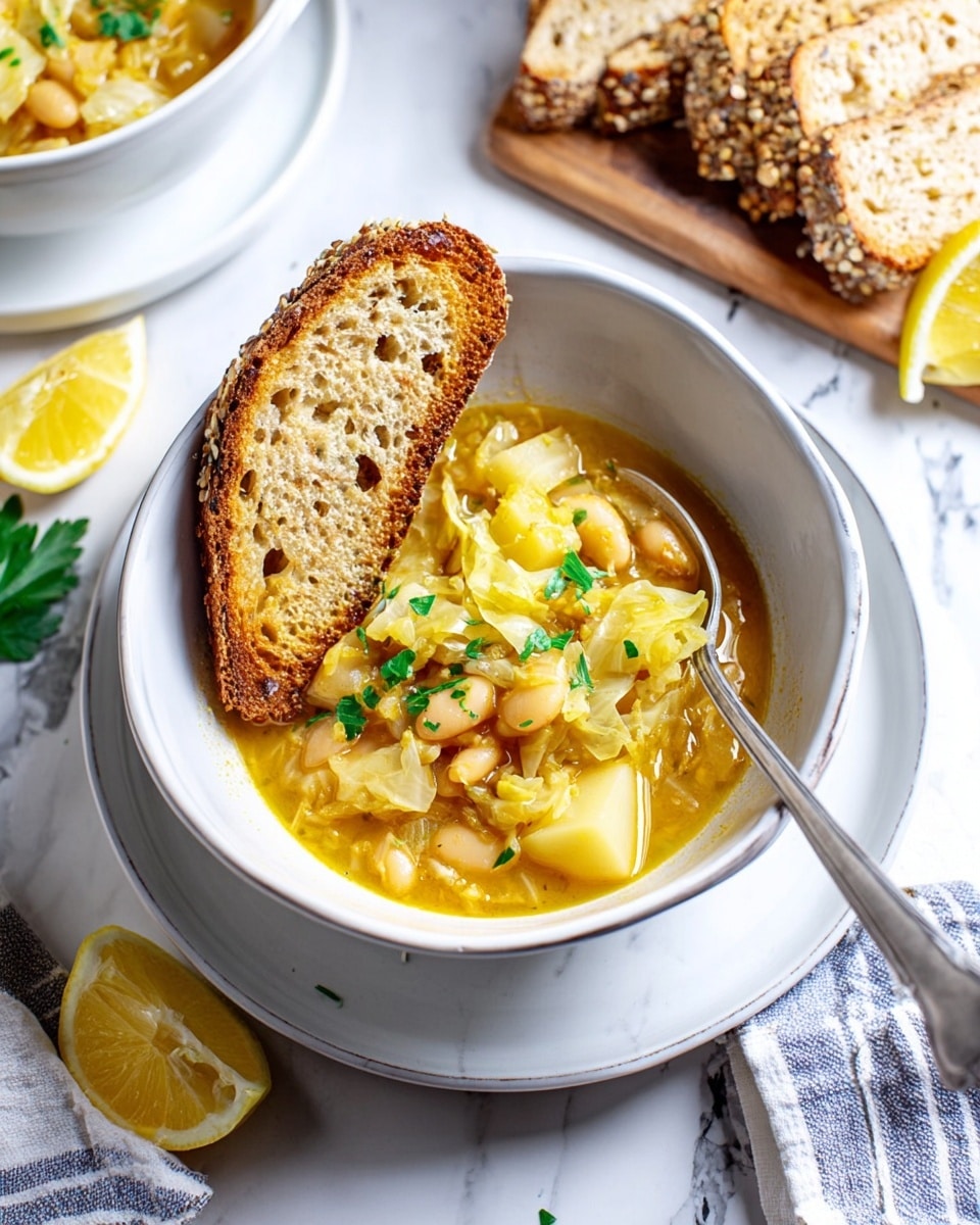 A white bowl filled with a layered soup made of golden-yellow broth with chunks of light brown potatoes, white beans, and small pieces of cabbage, topped with green herb leaves. A piece of toasted bread with a golden crust and speckled seeds, spread with butter, is placed leaning inside the bowl on the left. The bowl rests on a larger white plate, and a silver spoon is inside the soup. Surrounding the bowl are sprigs of fresh green herbs and wedges of light yellow lemon on a white marbled surface. In the background, there is a wooden board with more slices of toasted seed bread and a butter knife resting on it. A striped white and blue cloth is partially visible to the bottom right. Photo taken with an iphone --ar 4:5 --v 7