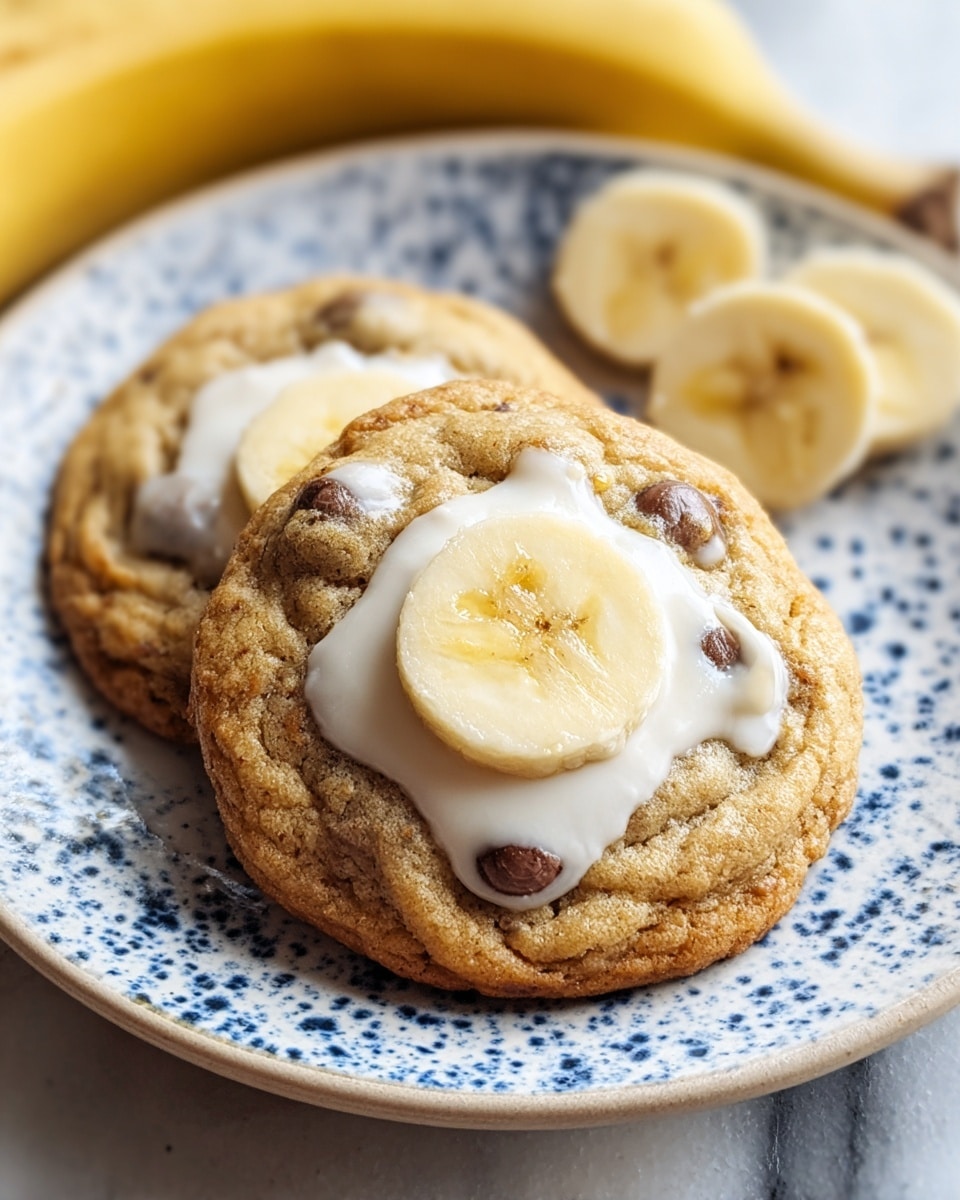 A close-up view of two thick, golden-brown cookies with visible chocolate chips embedded throughout, placed on a white plate with blue speckled patterns. On top of the cookie in the front, there is a layer of white icing spread in the middle, topped with a fresh slice of banana showing light yellow color with small brown seeds in the center. The cookies are positioned on a white marbled surface, with a whole banana and two banana slices in the background, adding a fresh and creamy touch to the image. Photo taken with an iphone --ar 4:5 --v 7