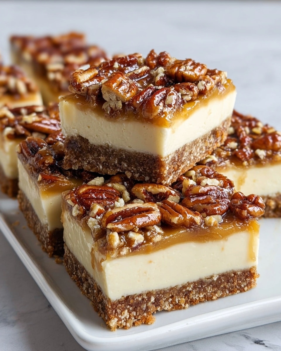 The image shows four pecan cheesecake bars arranged on a long white rectangular plate, placed on a white marbled surface. Each bar has three layers: a crumbly brown base layer, a thick creamy white middle layer of cheesecake, and a top layer of shiny caramel with whole and chopped pecans scattered densely. One bar is stacked neatly on top of another in the center, showing the distinct layers clearly. The caramel topping gives a glossy finish and the pecans show a rich brown color with a slightly rough texture. Photo taken with an iphone --ar 4:5 --v 7