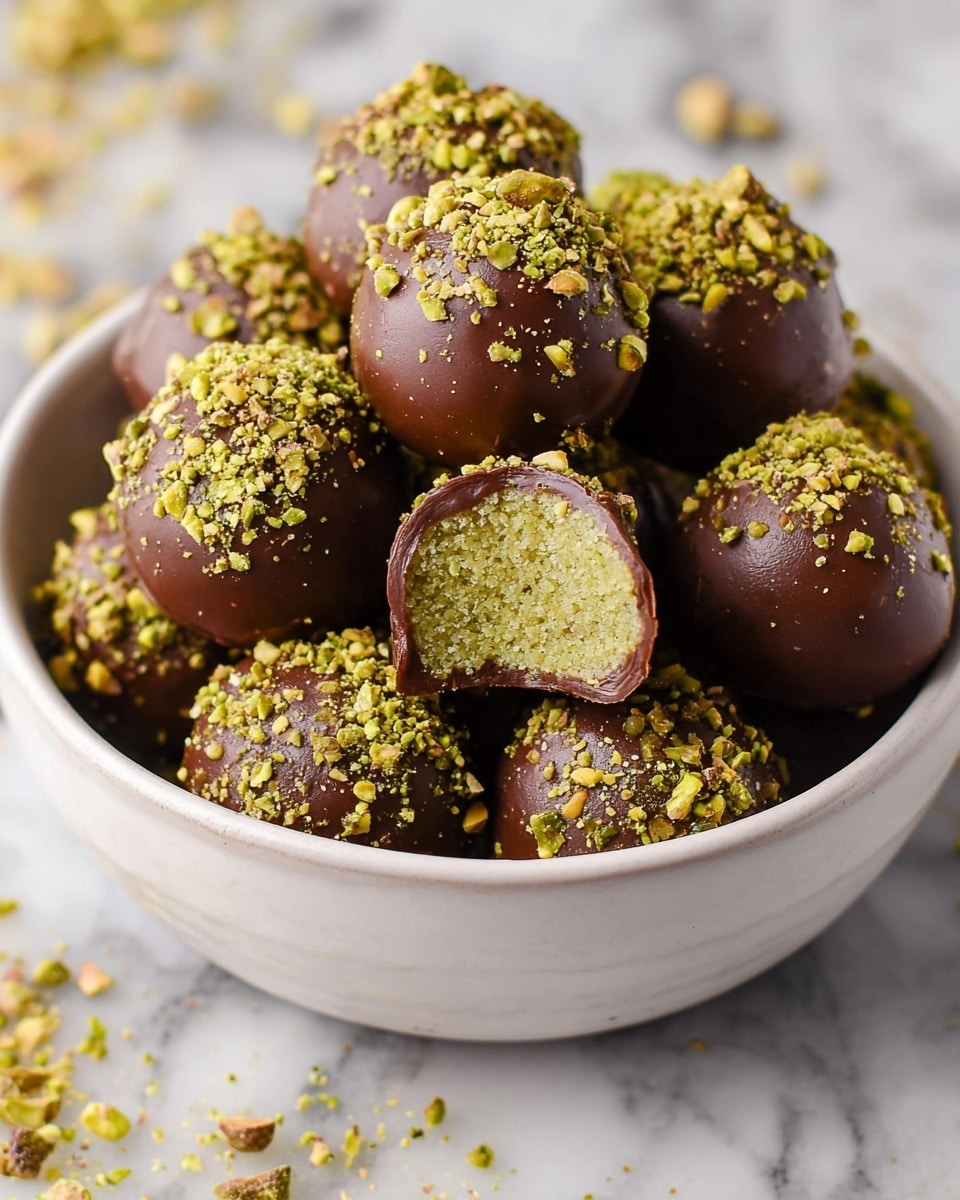 The image shows a white bowl filled with round chocolate-covered balls. Each ball is coated with a smooth, dark brown chocolate layer and sprinkled with finely chopped green pistachio pieces on top, giving a textured finish. One ball at the front is cut open, revealing a light green, finely grated interior. The background surface is white marble with scattered crushed pistachios around the bowl. Photo taken with an iphone --ar 4:5 --v 7