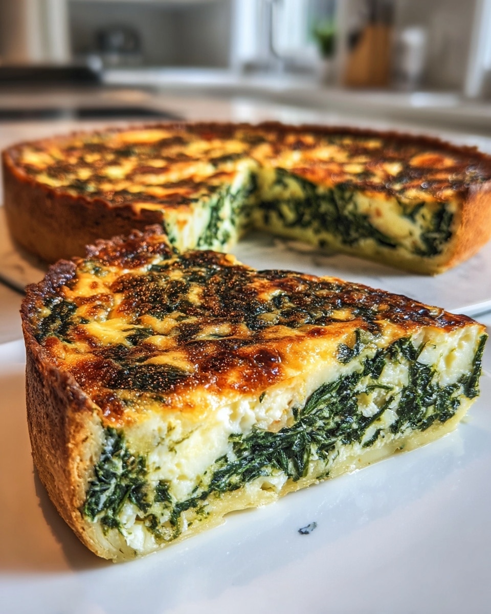 The image shows a cooked spinach quiche with a slice cut out and placed in front. The quiche has two main layers: a dense green spinach layer mixed with white creamy cheese or egg filling and a golden-brown, slightly crispy top layer. The spinach pieces are visible within the creamy base, and the edges are darker and more cooked. Both the whole quiche and the slice are placed on a large white plate set on a white marbled surface, with a blurred kitchen background. photo taken with an iphone --ar 4:5 --v 7