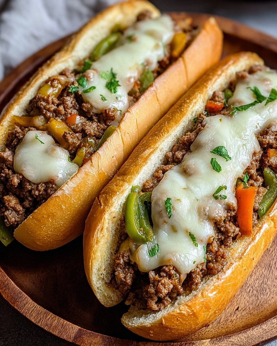 Two sandwiches sit on a round wooden board. Each sandwich has a soft, golden-brown hoagie roll sliced open lengthwise. Inside, there is a bottom layer of cooked ground beef with a crumbly texture and a rich brown color. Mixed with the beef are pieces of sautéed green and orange bell peppers, adding bright green and orange colors. On top, a melted layer of white cheese gently covers the beef and peppers. Small bits of fresh green parsley are scattered across the cheese, adding a touch of freshness. photo taken with an iphone --ar 4:5 --v 7