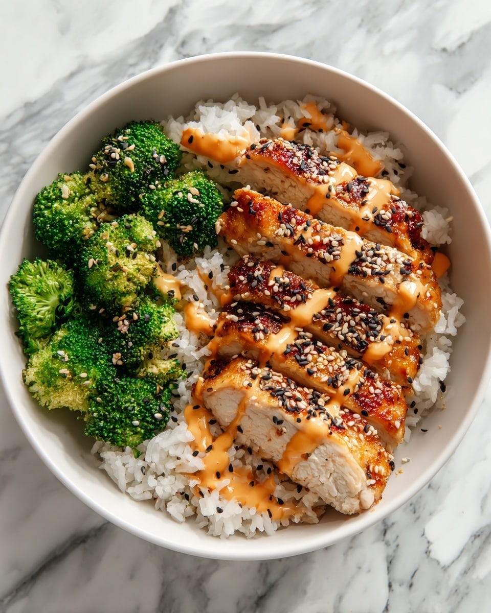 A white bowl filled with a base layer of fluffy white rice, topped on one side with bright green steamed broccoli pieces, and on the other side with several slices of golden-brown glazed chicken arranged neatly. Both the chicken and broccoli are drizzled with a creamy orange sauce, and the chicken is sprinkled with black and white sesame seeds. The bowl is placed on a white marbled surface. photo taken with an iphone --ar 4:5 --v 7