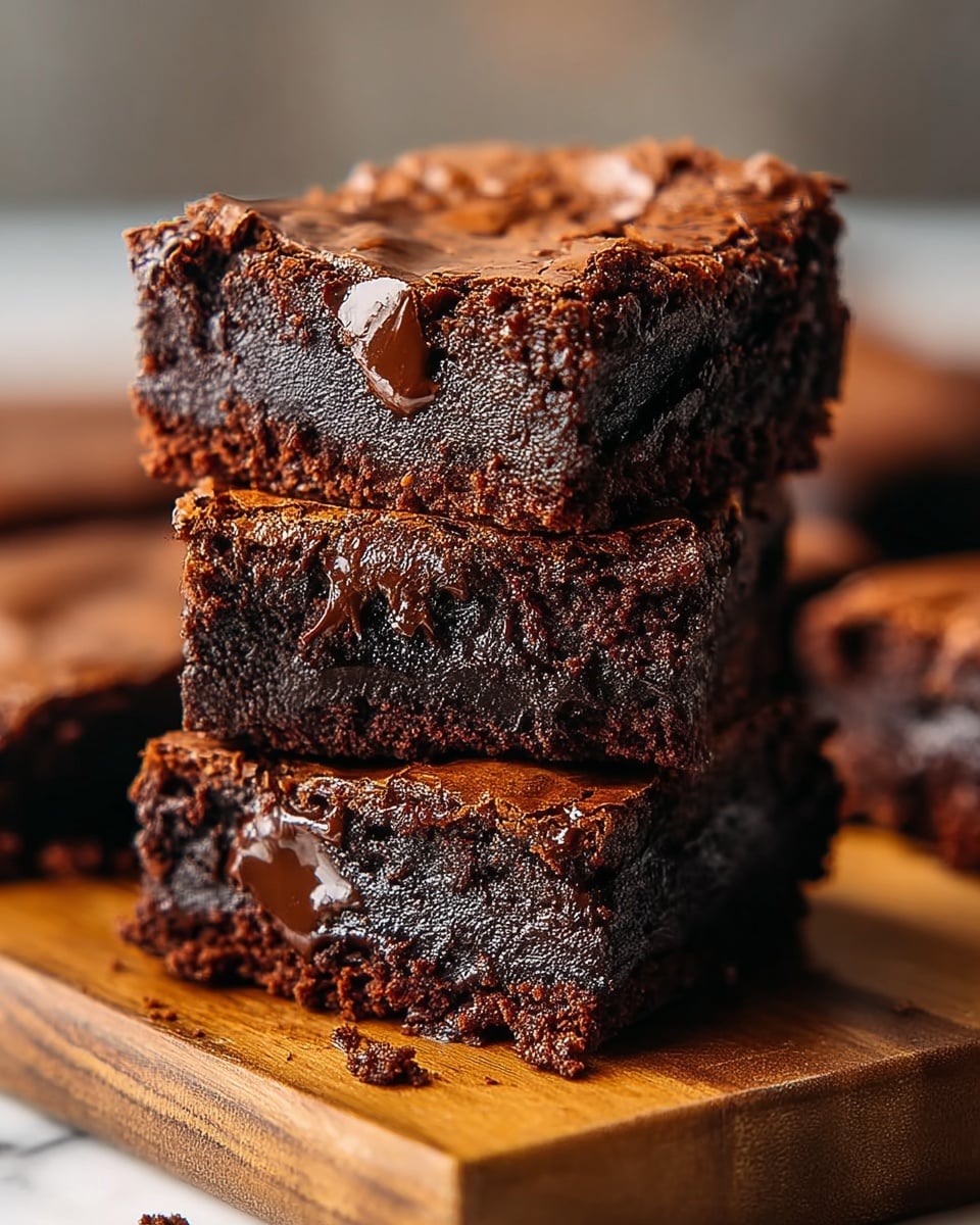 A close-up of a stack of three rich chocolate brownies on a wooden board, each brownie showing two layers: a darker, dense, and moist base with a slightly crumbly texture, and a glossy, crackled chocolate topping layer that is lighter brown and smooth. The brownies appear soft and fudgy inside with shiny melted chocolate in between the layers, and there are small crumbs scattered around the base. The background is softly blurred with a white marbled texture underneath the board. Photo taken with an iphone --ar 4:5 --v 7