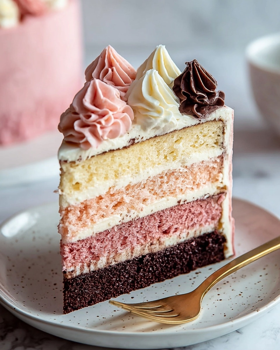 A slice of layered cake is placed on a white plate with small dark speckles and a gold fork beside it. The cake has five visible layers: the bottom layer is dark brown chocolate cake, followed by a light pink creamy layer, then a pale yellow sponge cake layer, a medium pink cake layer, and a top thick cream layer in pale yellow. The sides are coated with light pink frosting. On top, dollops of frosting in three colors are piped: three pink swirls on the left, three white swirls in the center, and two small dark brown chocolate swirls on the right. The background is a soft white marbled texture with a blurred pink cake in the distance. photo taken with an iphone --ar 4:5 --v 7