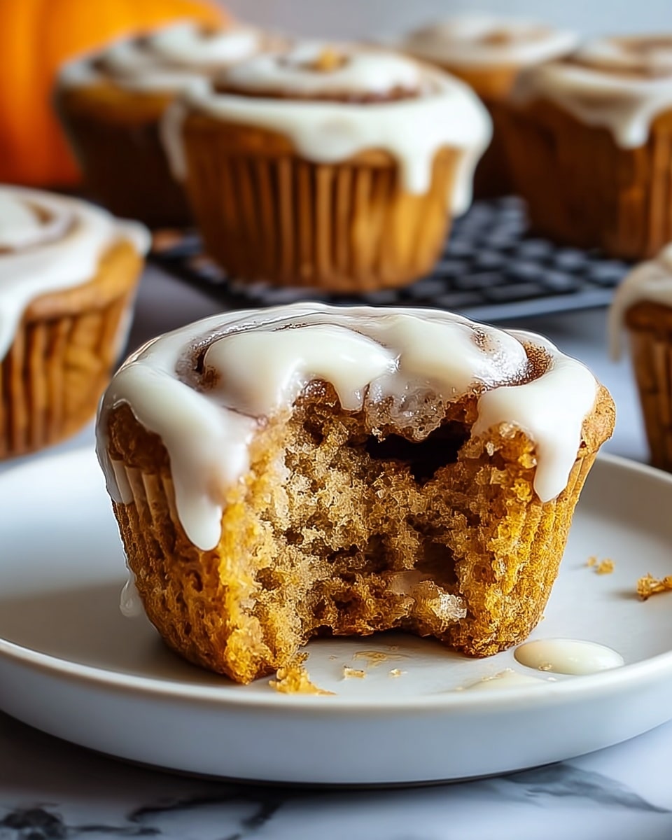 A close-up of a cinnamon roll muffin on a white plate, showing three layers: the base layer is golden brown, moist muffin with a bit of crumb texture inside, the middle layer features a swirl of darker cinnamon filling visible through a bite taken out of the muffin, and the top layer is thick, smooth, white icing drizzling over the swirled top of the muffin, slightly melting down the sides. In the blurred background, more cinnamon roll muffins with the same icing are visible on a cooling rack, all set against a white marbled texture. photo taken with an iphone --ar 4:5 --v 7