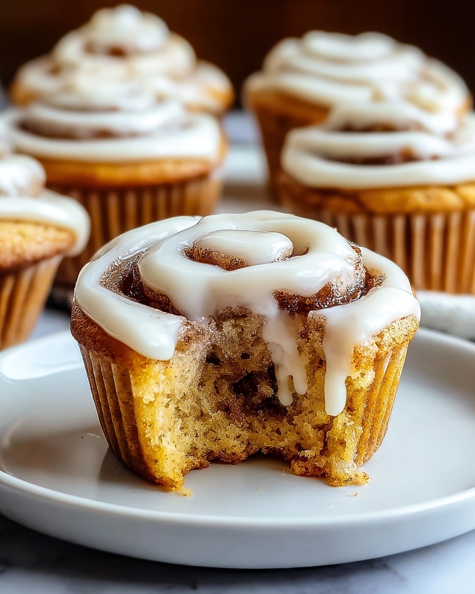 A close-up of a single cinnamon roll cupcake with a bite taken out, showing three main layers: a golden brown baked cake base, a middle swirl layer with dark cinnamon and sugar mix, and a top layer of thick white icing drizzled in a spiral pattern that slightly drips down the sides. The cupcake sits on a white plate with a smooth finish, placed on a white marbled surface. In the blurred background, there are four more cinnamon roll cupcakes with the same icing spiral, emphasizing the focused cupcake in the front. Photo taken with an iphone --ar 4:5 --v 7