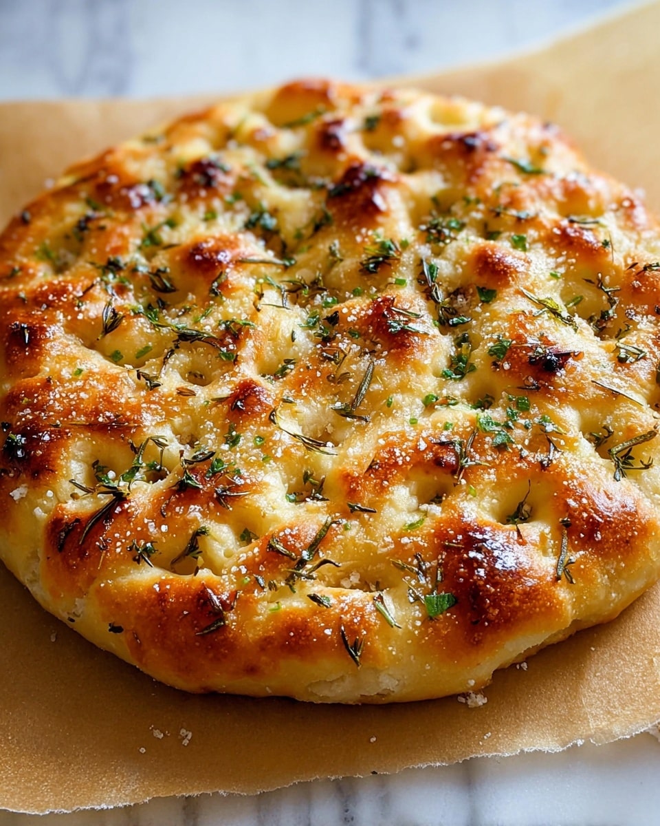 A round focaccia bread with a thick, golden-brown crust and uneven bubbly texture on top is shown. The surface has many raised soft dough pockets with browned spots that show it is well baked. It is sprinkled with coarse sea salt crystals and chopped fresh green herbs, possibly rosemary or parsley, spread evenly across the top. The bread rests on a sheet of light brown parchment paper on a white marbled surface. The crust looks slightly crispy with a soft, airy inside visible in the dimples. photo taken with an iphone --ar 4:5 --v 7