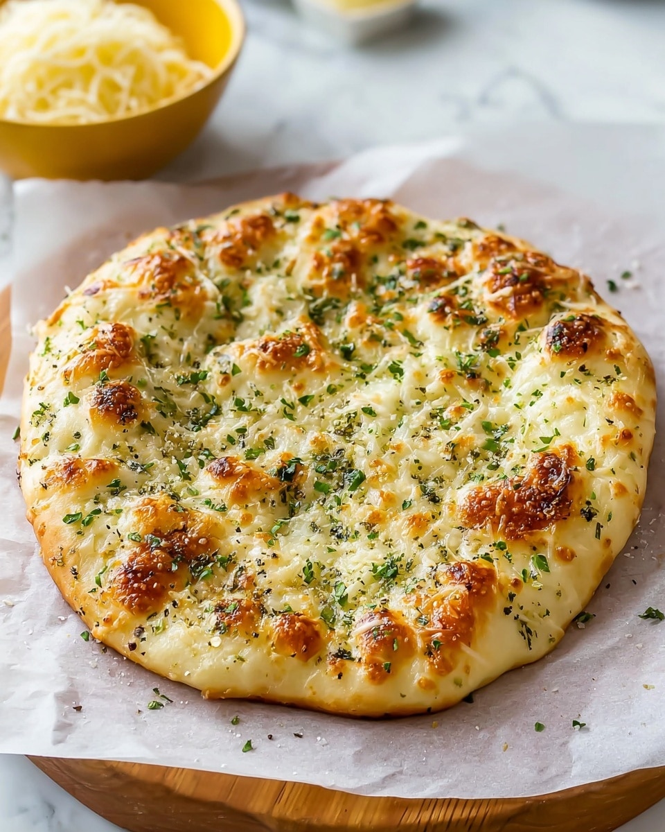 A round, thick flatbread with a golden, bubbly surface covered in melted cheese and sprinkled with chopped green herbs, placed on white parchment paper over a wooden board. The flatbread has uneven, raised sections where the cheese is browned and bubbly, giving a textured look. The background shows a white marbled surface with a blurred yellow bowl holding shredded cheese. photo taken with an iphone --ar 4:5 --v 7