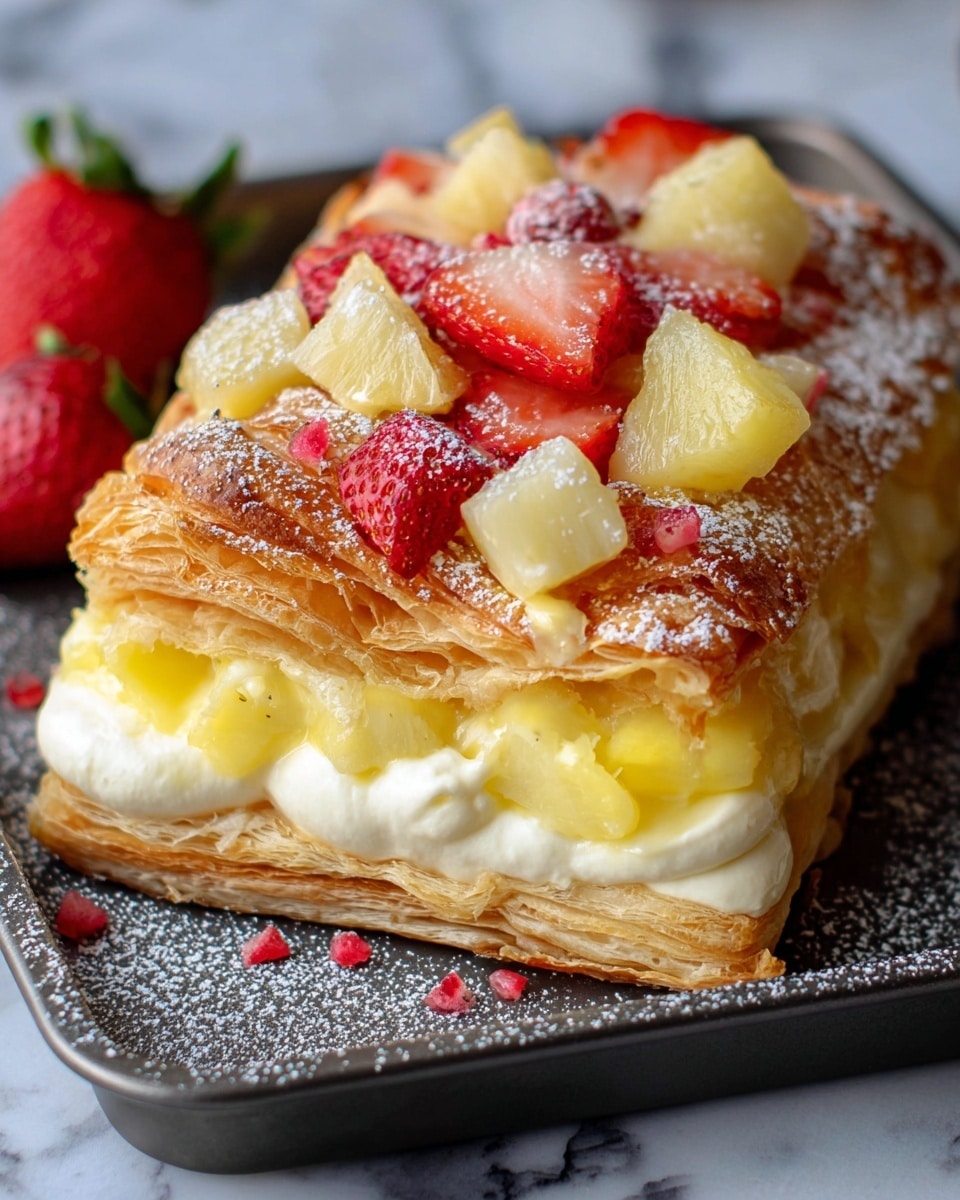A square pastry dessert with multiple layers sits on a dark tray on a white marbled texture. The bottom layer is a golden-brown, flaky pastry crust. Above it, there is a thick layer of creamy white filling that looks smooth and soft. On top of the cream, there is a layer of bright yellow custard with a glossy texture. The edges of the pastry curl up, showing a crispy, golden-brown, spiral pattern. The top is decorated with chunks of pale yellow pineapple and bright red strawberries, some whole and some halved, adding a fresh and colorful touch. Small bits of red garnish are also scattered around, and a light dusting of powdered sugar is sprinkled over the whole pastry. Photo taken with an iphone --ar 4:5 --v 7