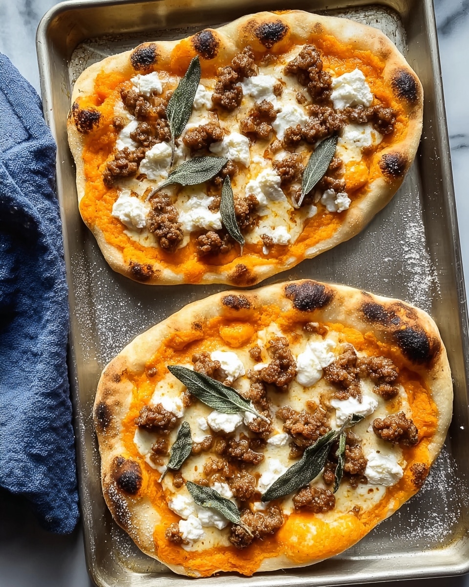 Two flat oval pizzas rest on a metal baking tray against a white marbled texture background, each with a golden crust that is slightly blistered and puffed at the edges. The base layer is a smooth, bright orange sauce spread evenly across the dough. Scattered on top are browned chunks of sausage, creating a textured, irregular layer. Dollops of white ricotta cheese sit unevenly across the pizzas, soft and creamy with a slightly grainy texture. Green sage leaves lay on top of the cheese and sausage, adding a fresh touch. The tray is slightly dusted with flour, and a blue cloth folds softly to the side. photo taken with an iphone --ar 4:5 --v 7