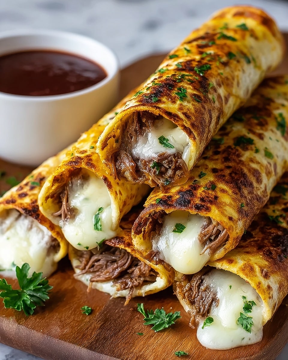 The image shows a close-up of a stack of five rolled tortillas, each filled with melted white cheese and shredded brown meat. The tortillas have a golden-brown, slightly crispy texture, with grill marks and small green parsley pieces sprinkled on top. The rolls are stacked unevenly, with some cheese oozing out. In the background, there is a white bowl filled with dark red sauce. The entire scene sits on a wooden board placed on a white marbled surface. Photo taken with an iphone --ar 4:5 --v 7