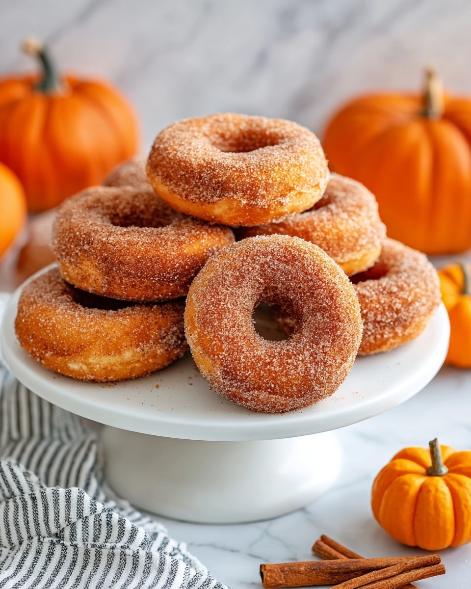 A white cake stand holds a pile of seven cinnamon sugar-coated donuts, each donut showing a golden-brown, textured surface with a fine layer of sugar crystals and cinnamon dust covering them evenly, highlighting the crunchy outer crust. The donuts are stacked in a slightly overlapping way, with the closest donut centered and clearly visible, exposing its round shape and hole. Around the cake stand, there are a few small orange pumpkins and cinnamon sticks lying on a white marbled surface, adding warm autumn vibes to the scene. A white cloth with black stripes is casually folded near the bottom edge, complementing the setting. Photo taken with an iphone --ar 4:5 --v 7