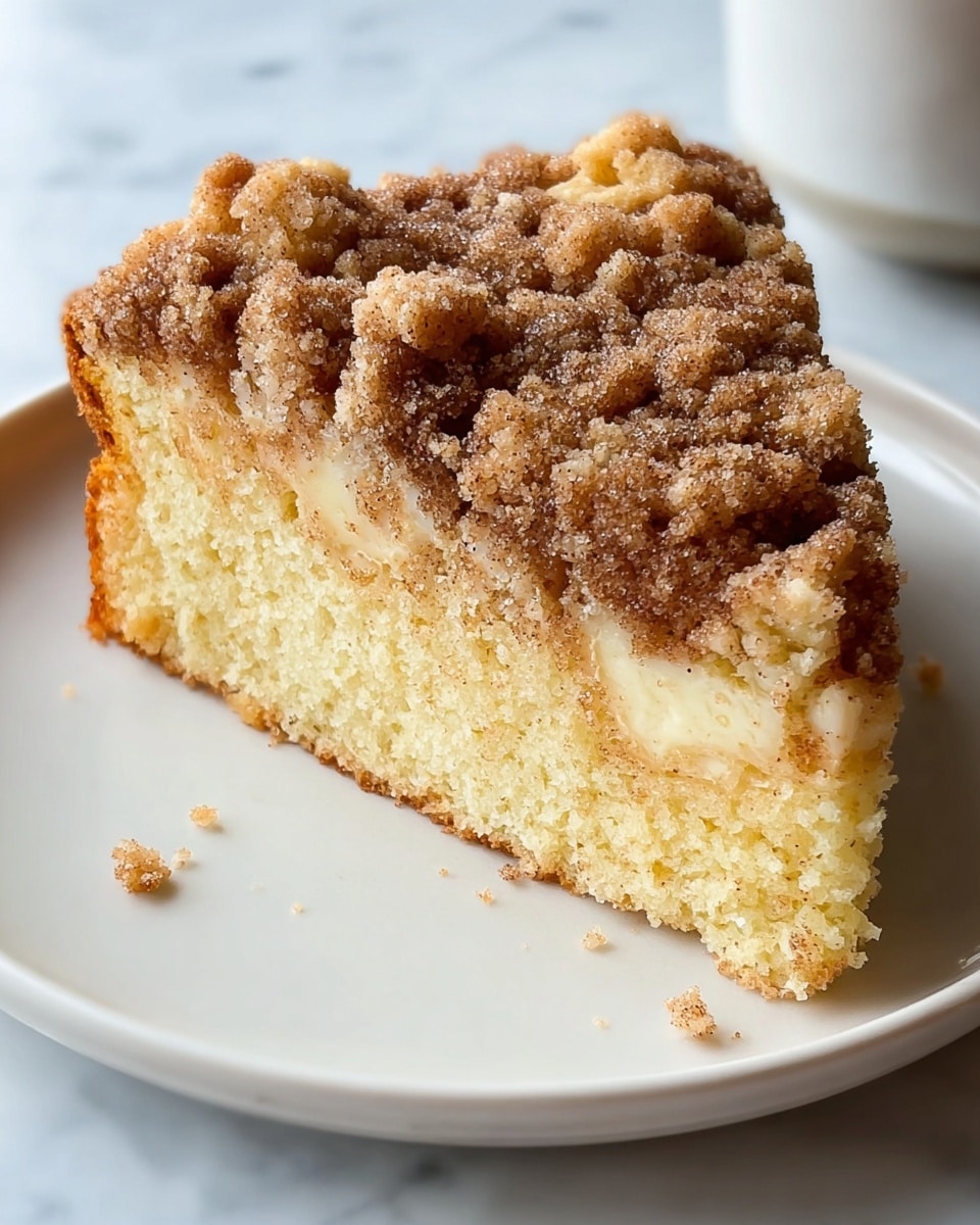 A slice of crumb cake is shown on a white plate with a white marbled surface below. The cake has two layers: the bottom layer is a moist, pale yellow sponge cake with a soft texture, while the top layer is a thick, crumbly streusel topping with a mix of light and dark brown sugar and cinnamon crumbs. The crumbs vary in size and cover the entire top surface of the cake, with some spilling onto the plate. Small patches of lighter colored creamy filling peek through the crumb topping. Photo taken with an iphone --ar 4:5 --v 7