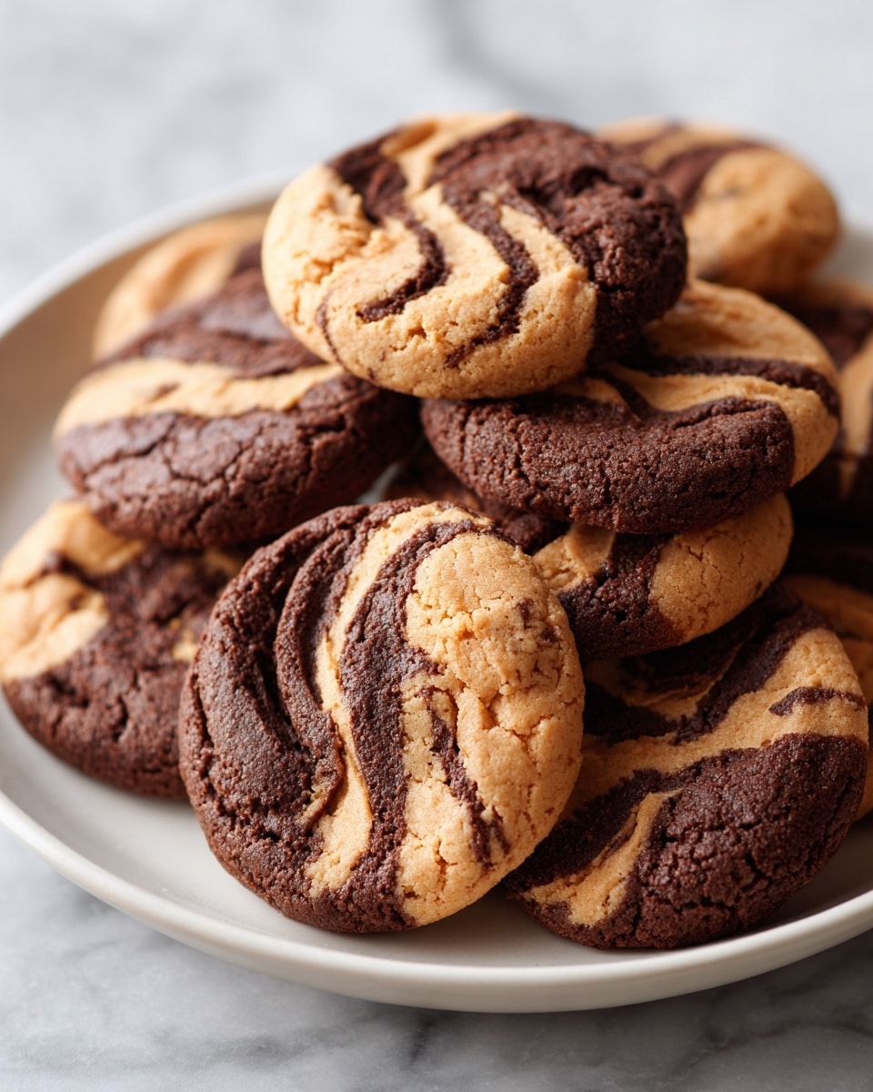 A white plate filled with several round cookies that each have a swirled pattern of two colors. The cookies have one layer of rich dark brown chocolate dough intertwined smoothly with a light brown peanut butter dough, creating a marbled effect. The texture on the cookies looks soft and slightly cracked on the chocolate parts, while the peanut butter parts appear creamy and smooth. The cookies are stacked in a loose pile on the white marbled surface. Photo taken with an iphone --ar 4:5 --v 7