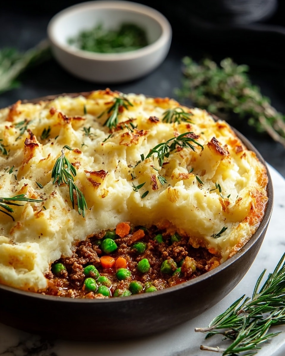 A round dish with two layers is shown: the bottom layer is a mix of cooked ground meat and bright green peas with small bits of orange carrot, creating a textured and colorful base; the top layer is thick and creamy mashed potatoes, golden brown with some crispy spots, slightly uneven with soft peaks; on top, fresh green herb sprigs are scattered, adding a vivid touch; the dish is in a dark pan placed on a white marbled surface, with fresh rosemary sprigs nearby, and a small white bowl with green herbs blurred in the background. photo taken with an iphone --ar 4:5 --v 7